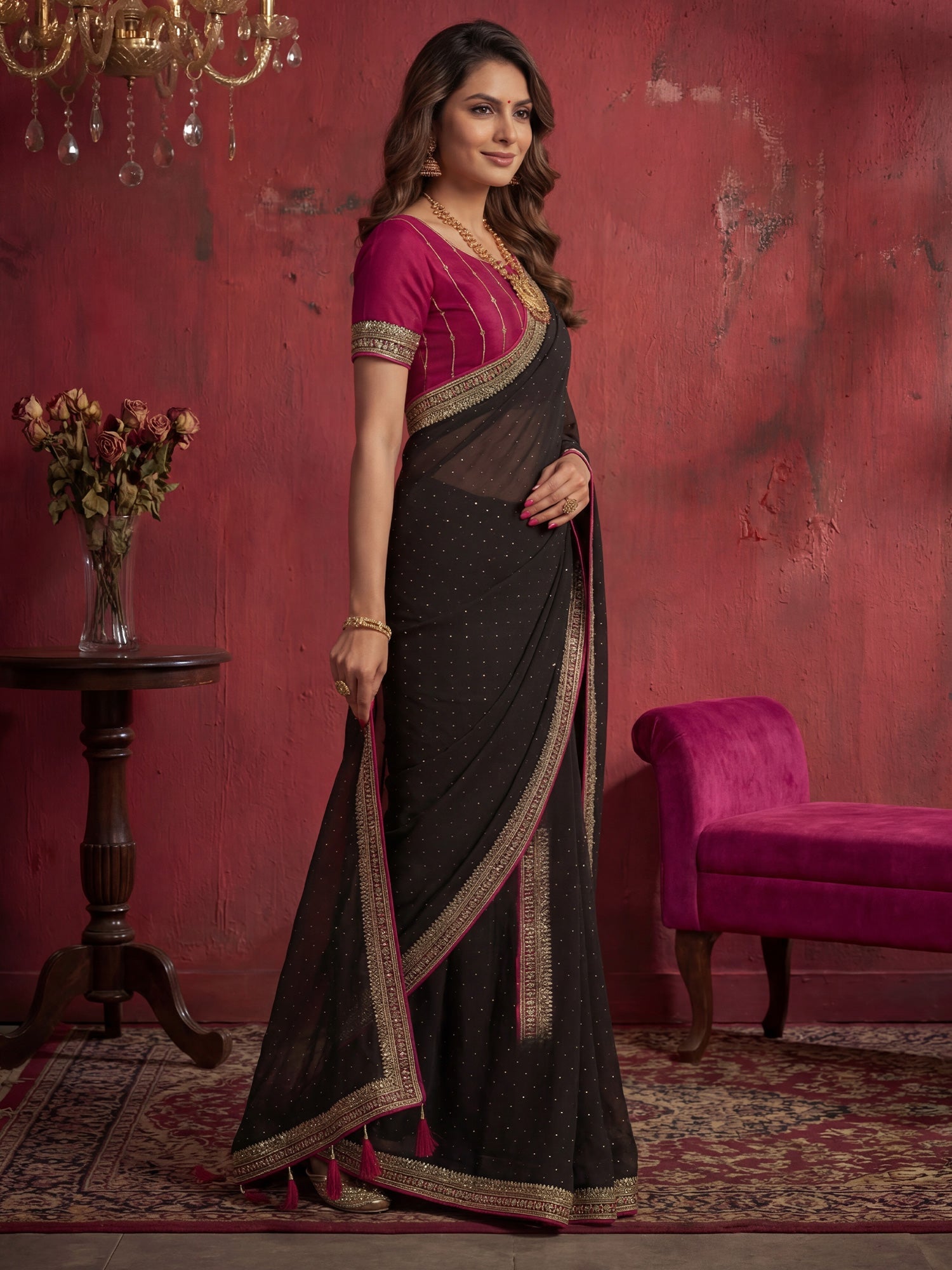 Black Georgette Saree with Embroidered Border - Ressa