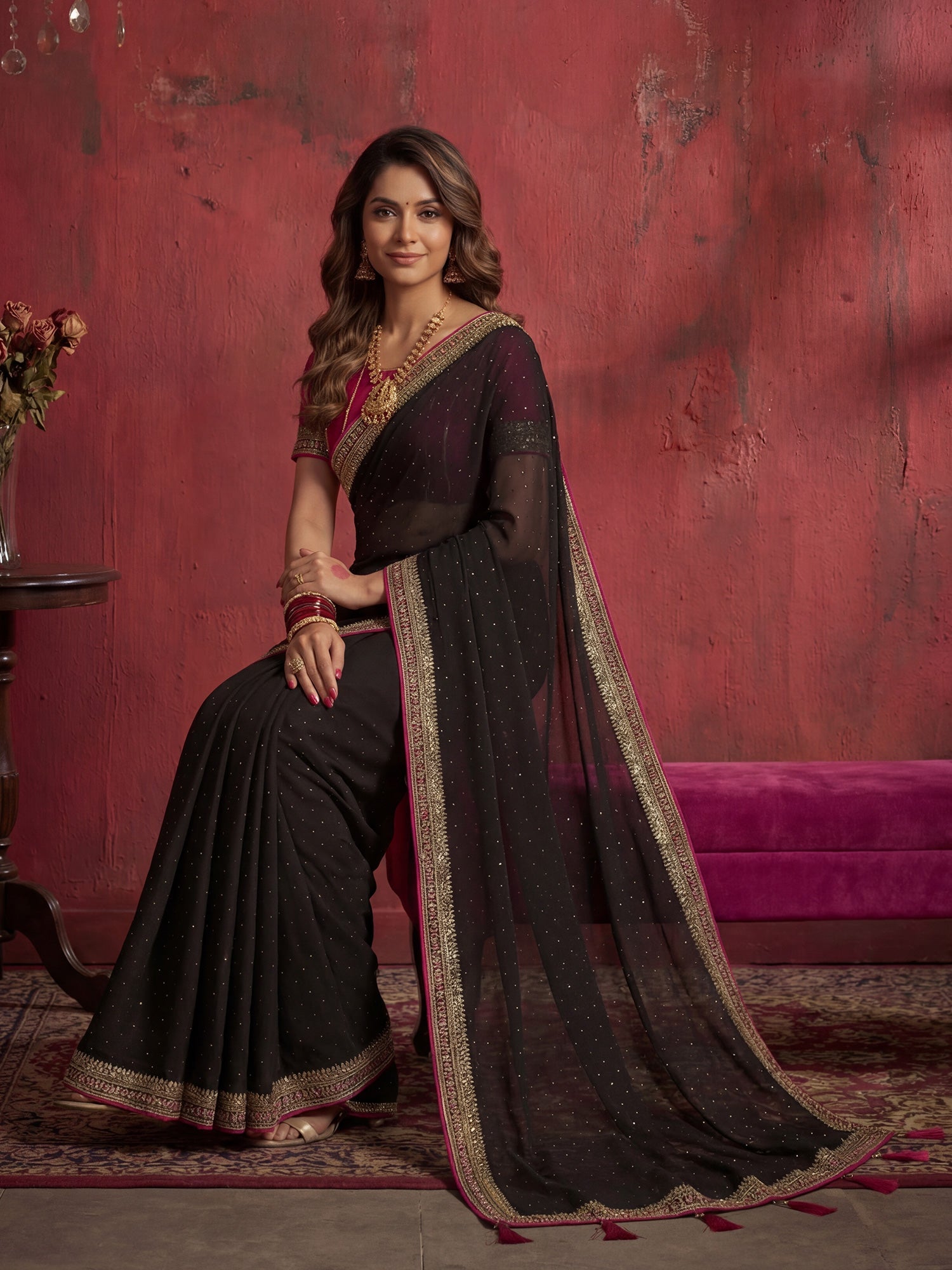 Black Georgette Saree with Embroidered Border - Ressa