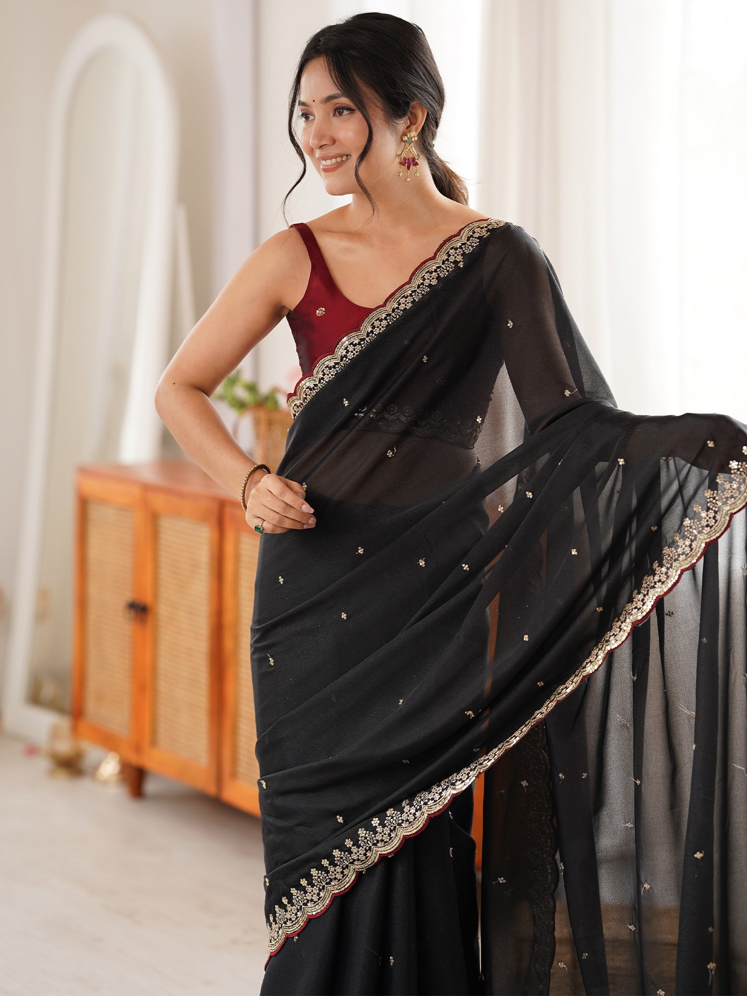 Black Georgette Saree with Embroidery ana Scattered Butis - Ressa