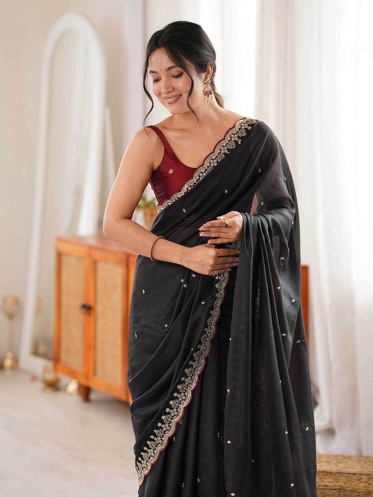 Black Georgette Saree with Embroidery ana Scattered Butis - Ressa
