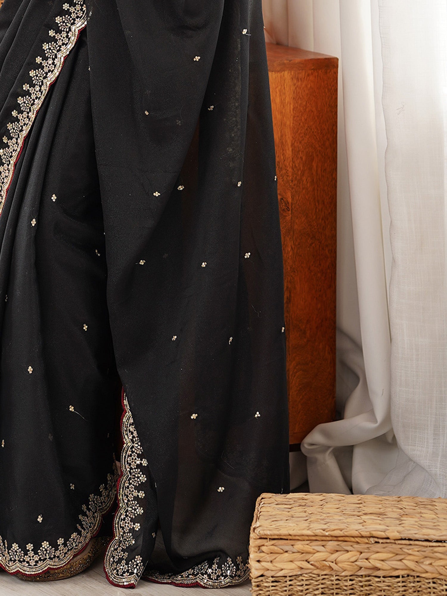 Black Georgette Saree with Embroidery ana Scattered Butis - Ressa