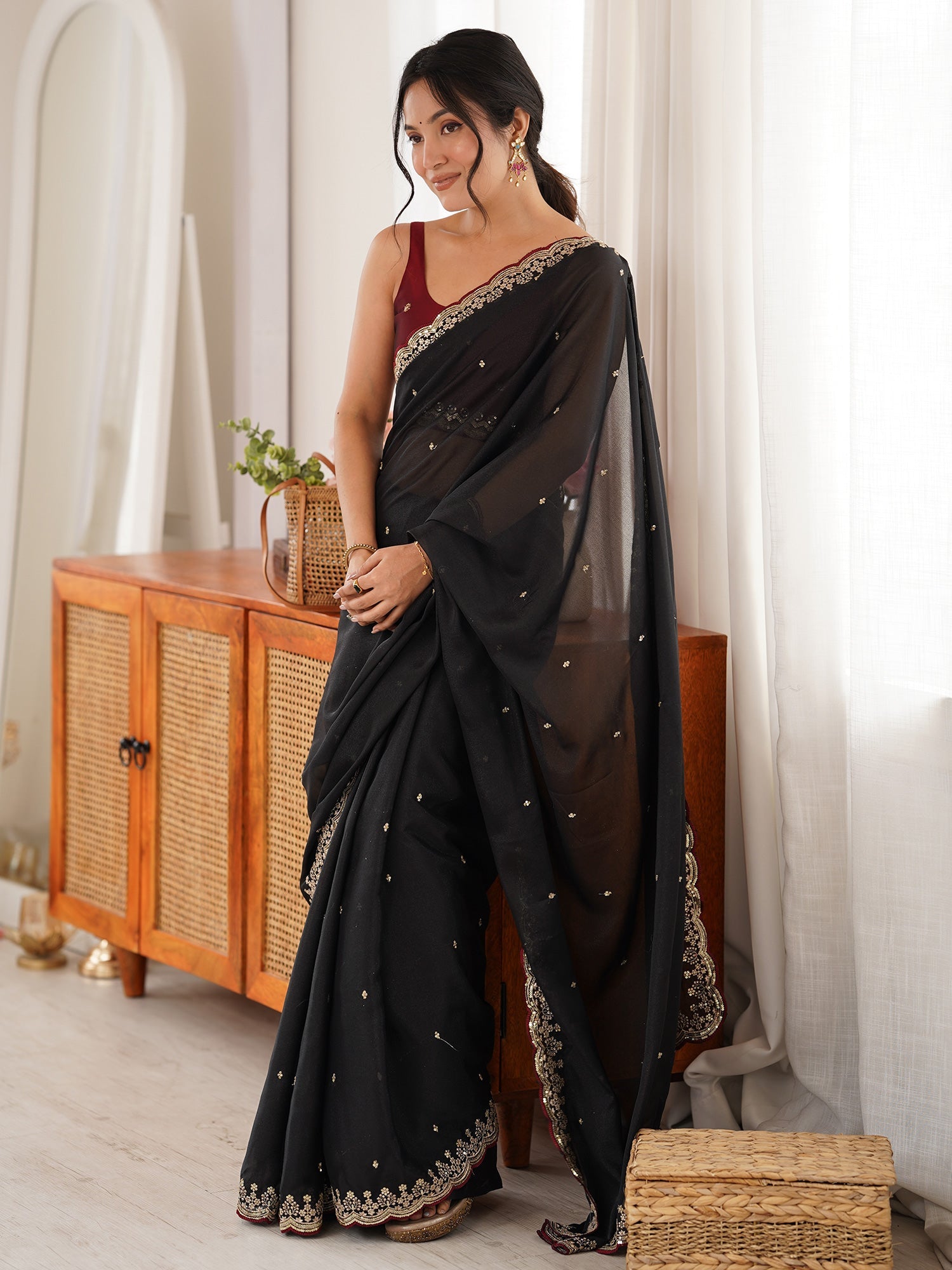 Black Georgette Saree with Embroidery ana Scattered Butis - Ressa