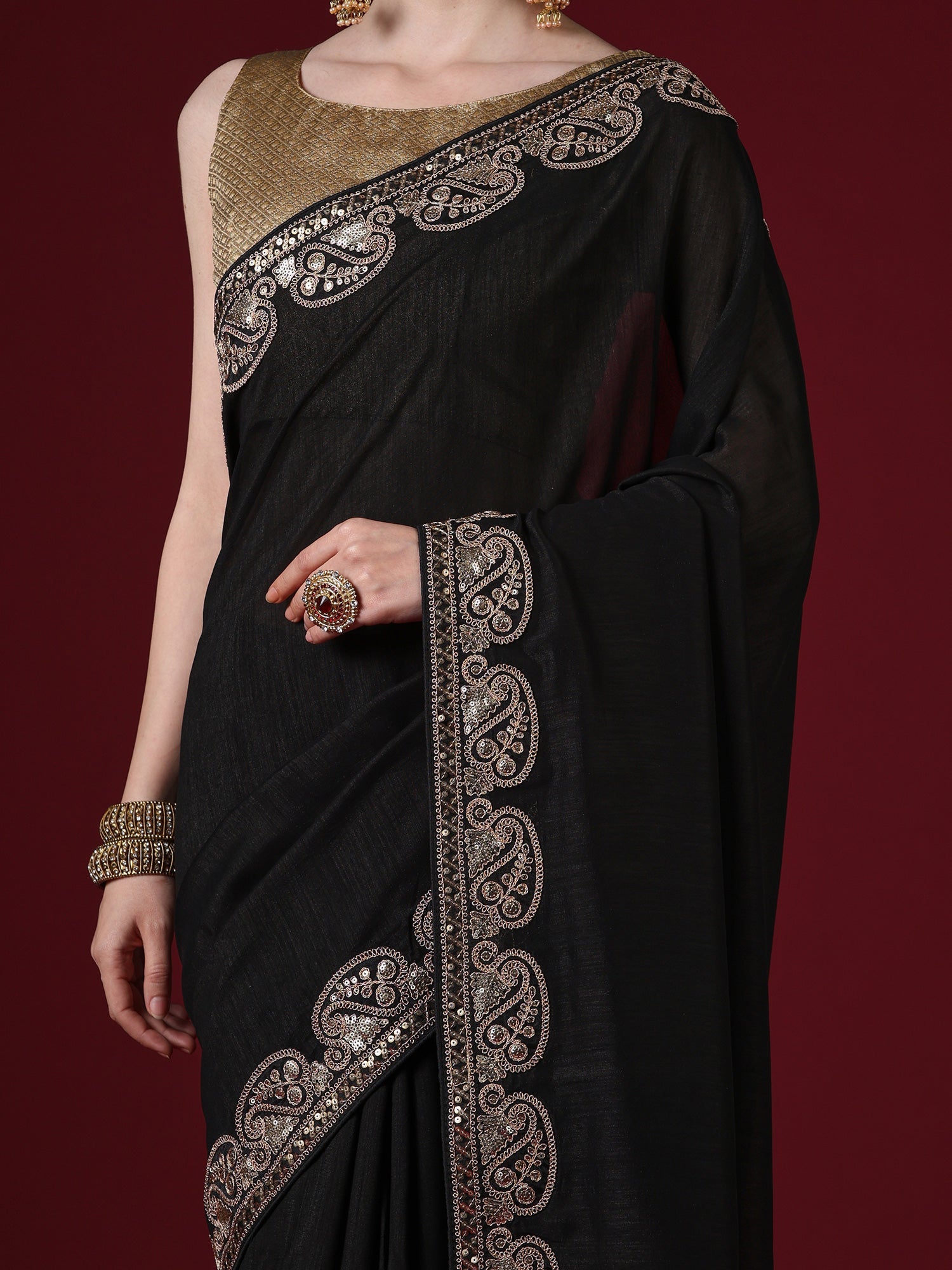 Black Georgette Saree with Gold Embroidered Paisley Border - Ressa
