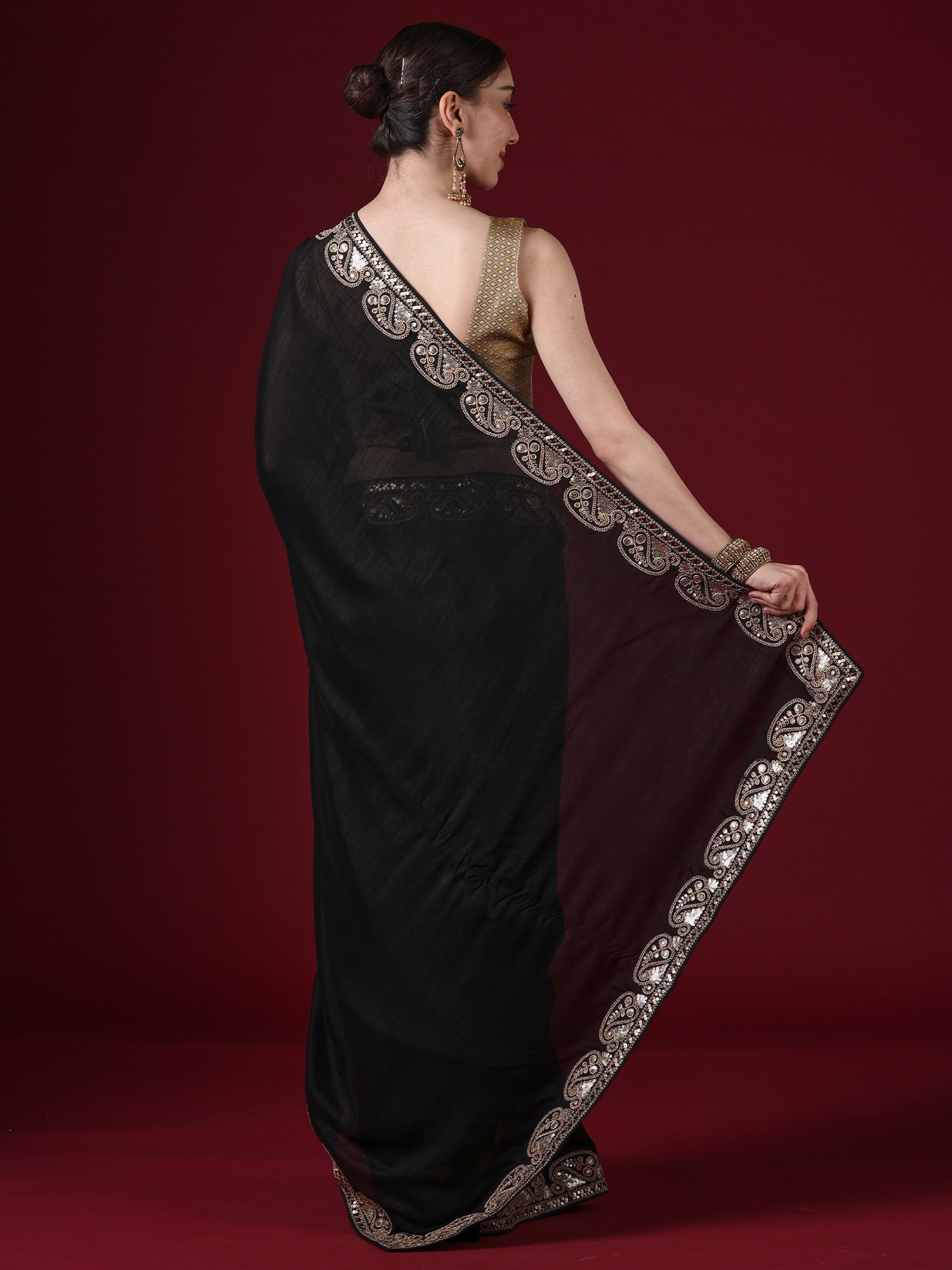 Black Georgette Saree with Gold Embroidered Paisley Border - Ressa