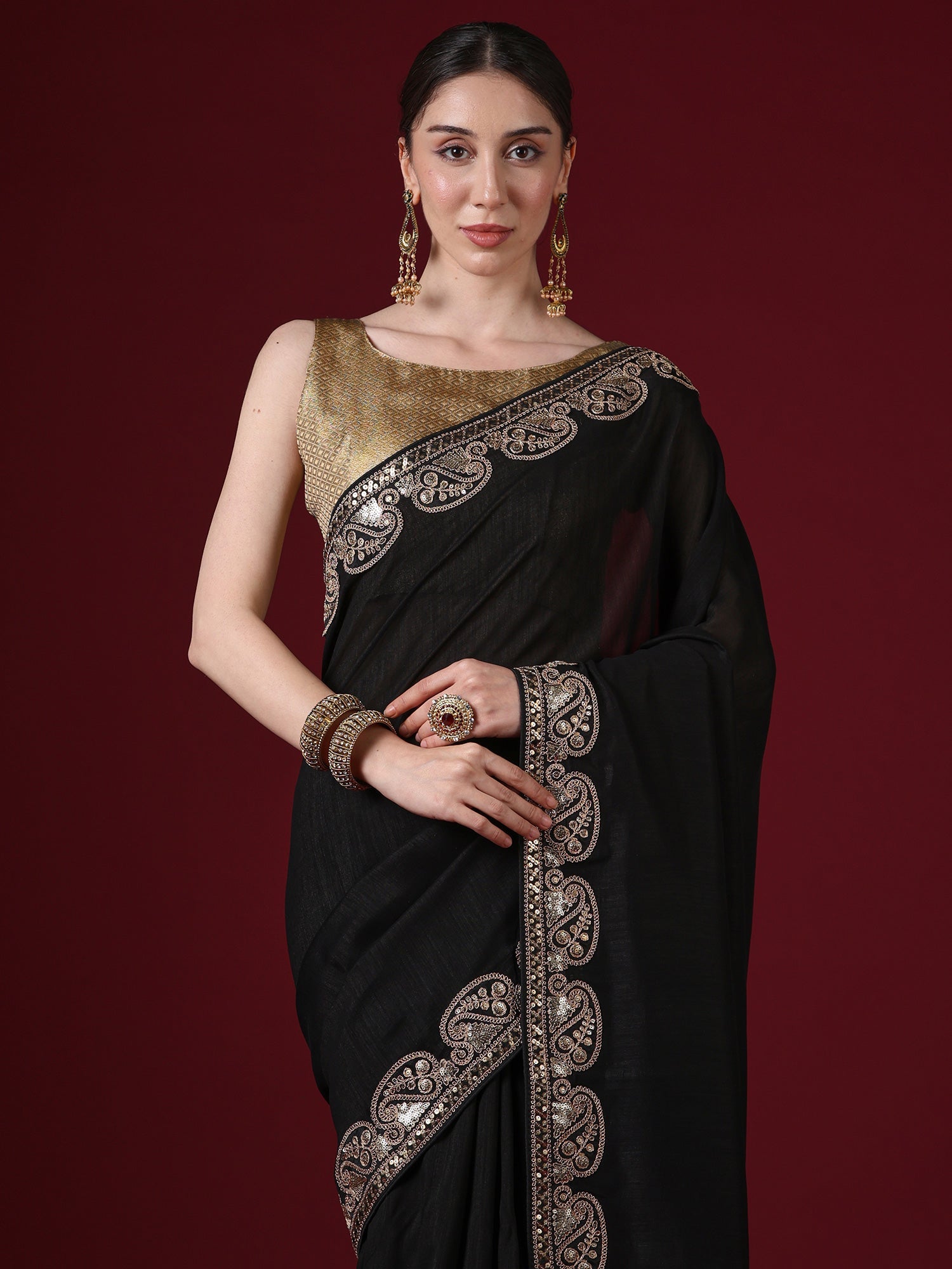 Black Georgette Saree with Gold Embroidered Paisley Border - Ressa