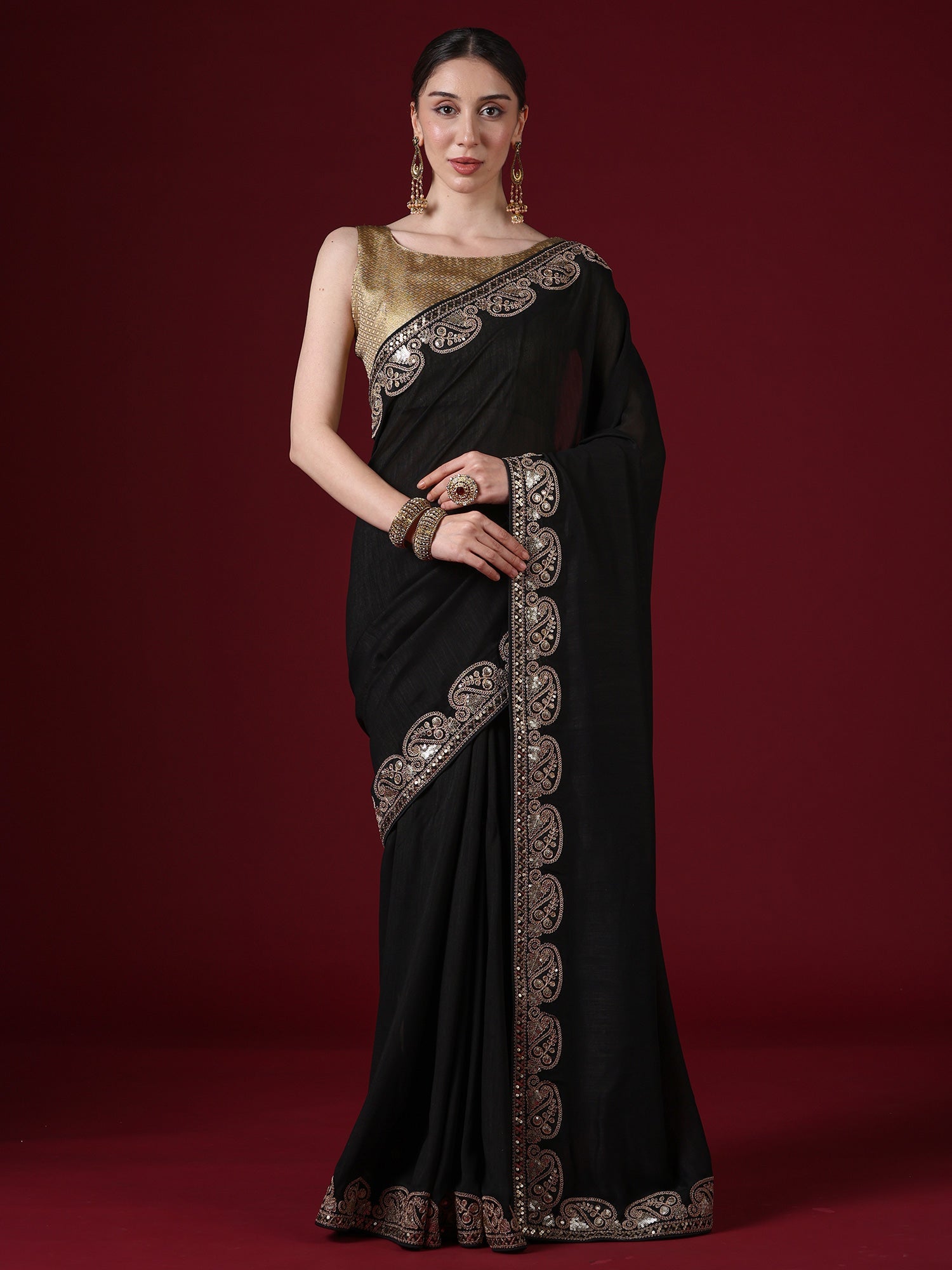 Black Georgette Saree with Gold Embroidered Paisley Border - Ressa