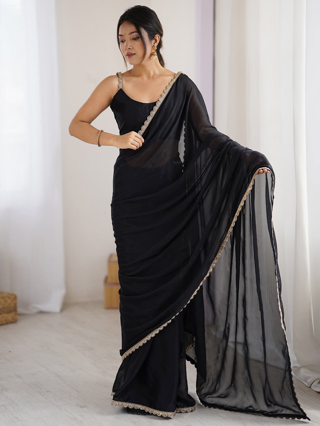 Black Georgette Saree with Gold Lace Border - Ressa