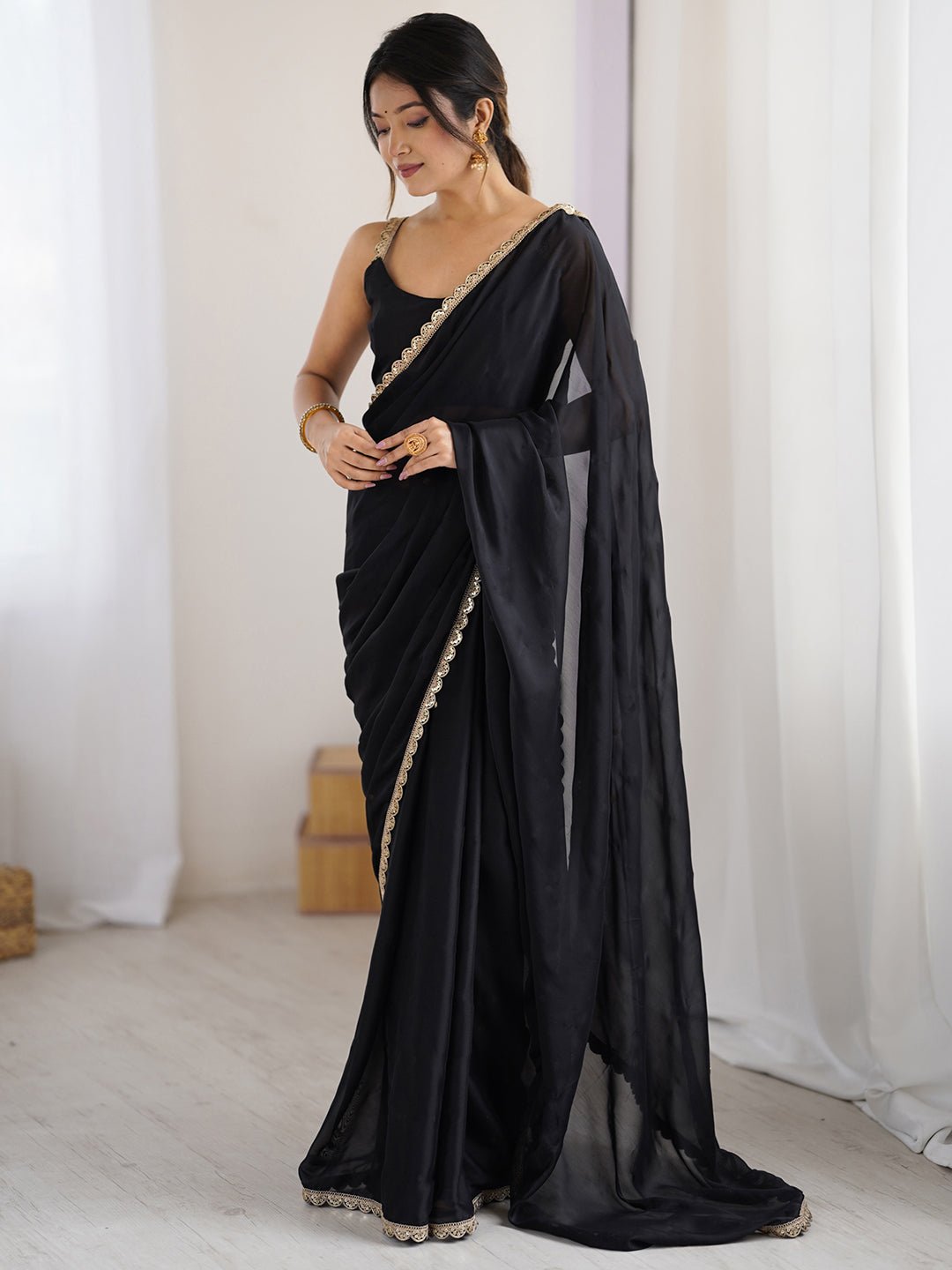 Black Georgette Saree with Gold Lace Border - Ressa