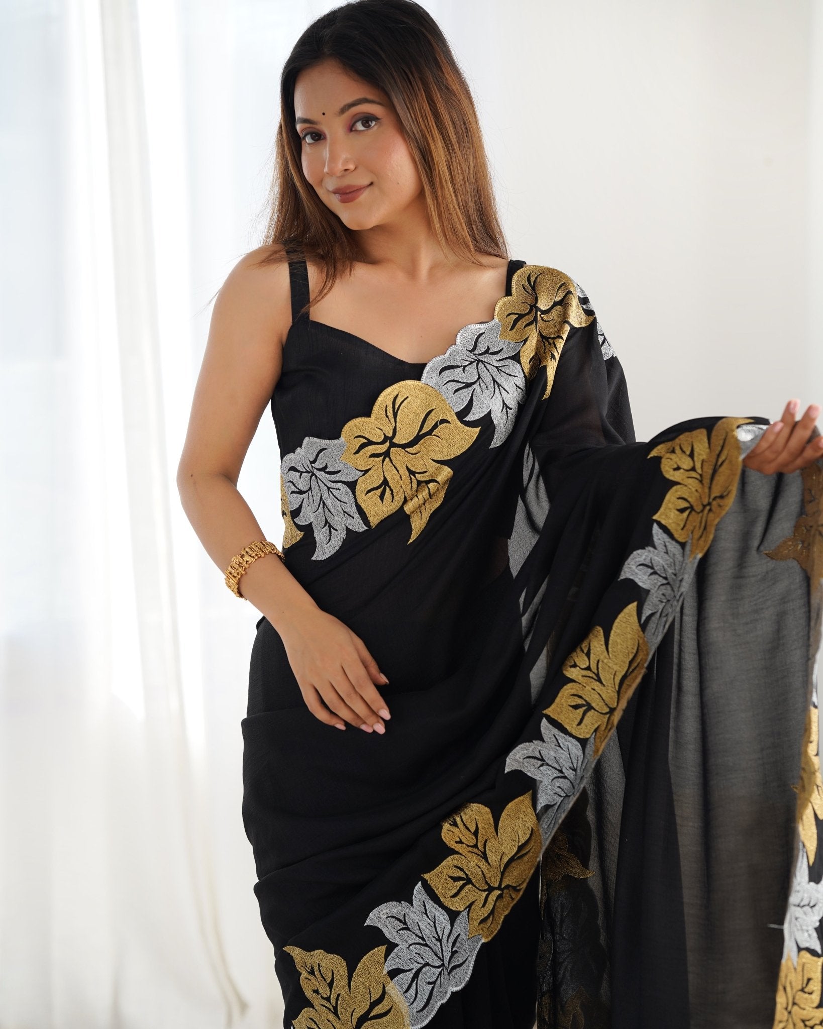 Black Georgette Saree with Gold & Silver Leaf Embroidery - Ressa