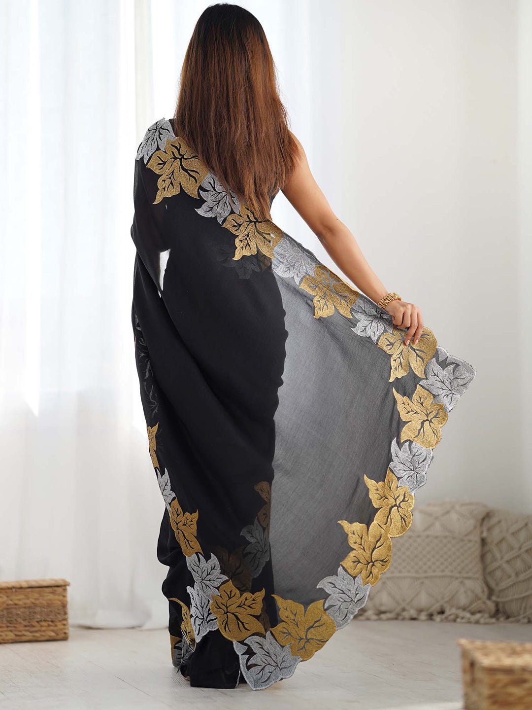 Black Georgette Saree with Gold & Silver Leaf Embroidery - Ressa