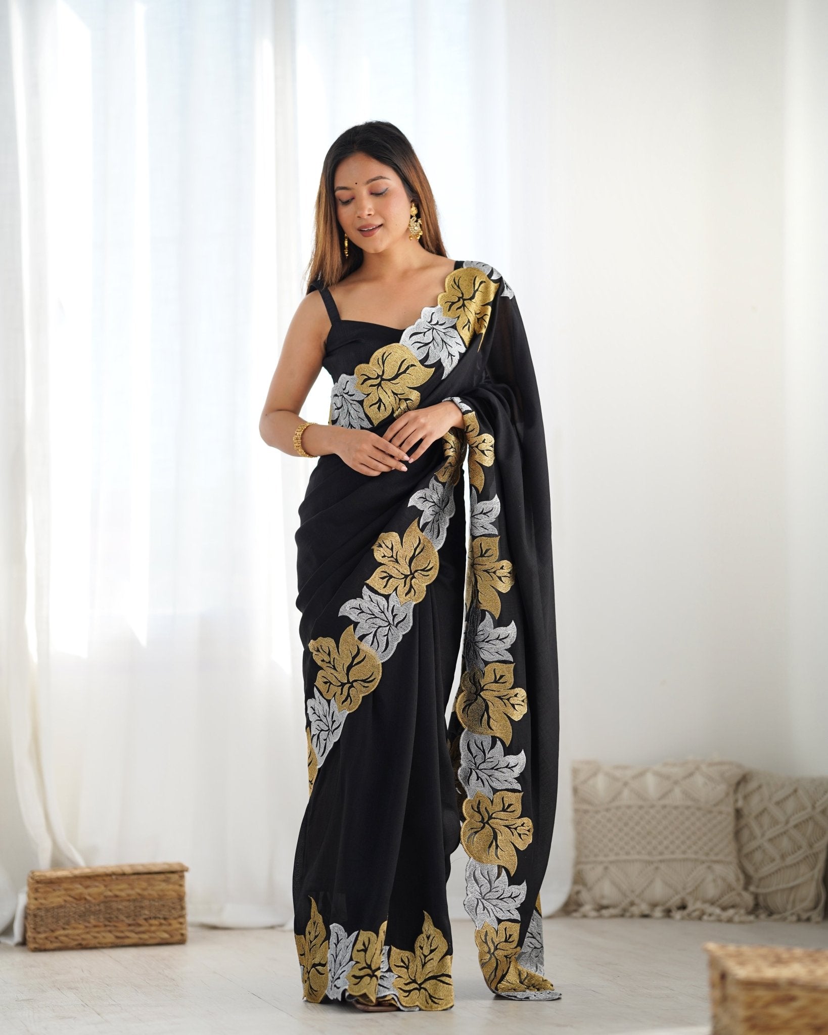 Black Georgette Saree with Gold & Silver Leaf Embroidery - Ressa