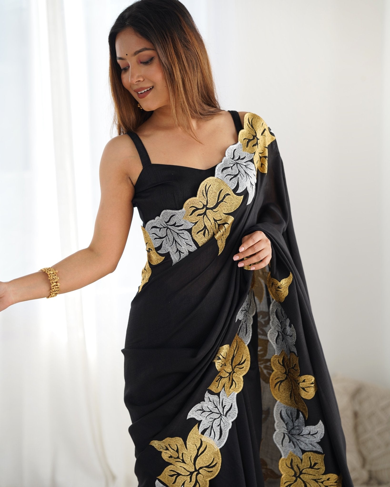 Black Georgette Saree with Gold & Silver Leaf Embroidery - Ressa