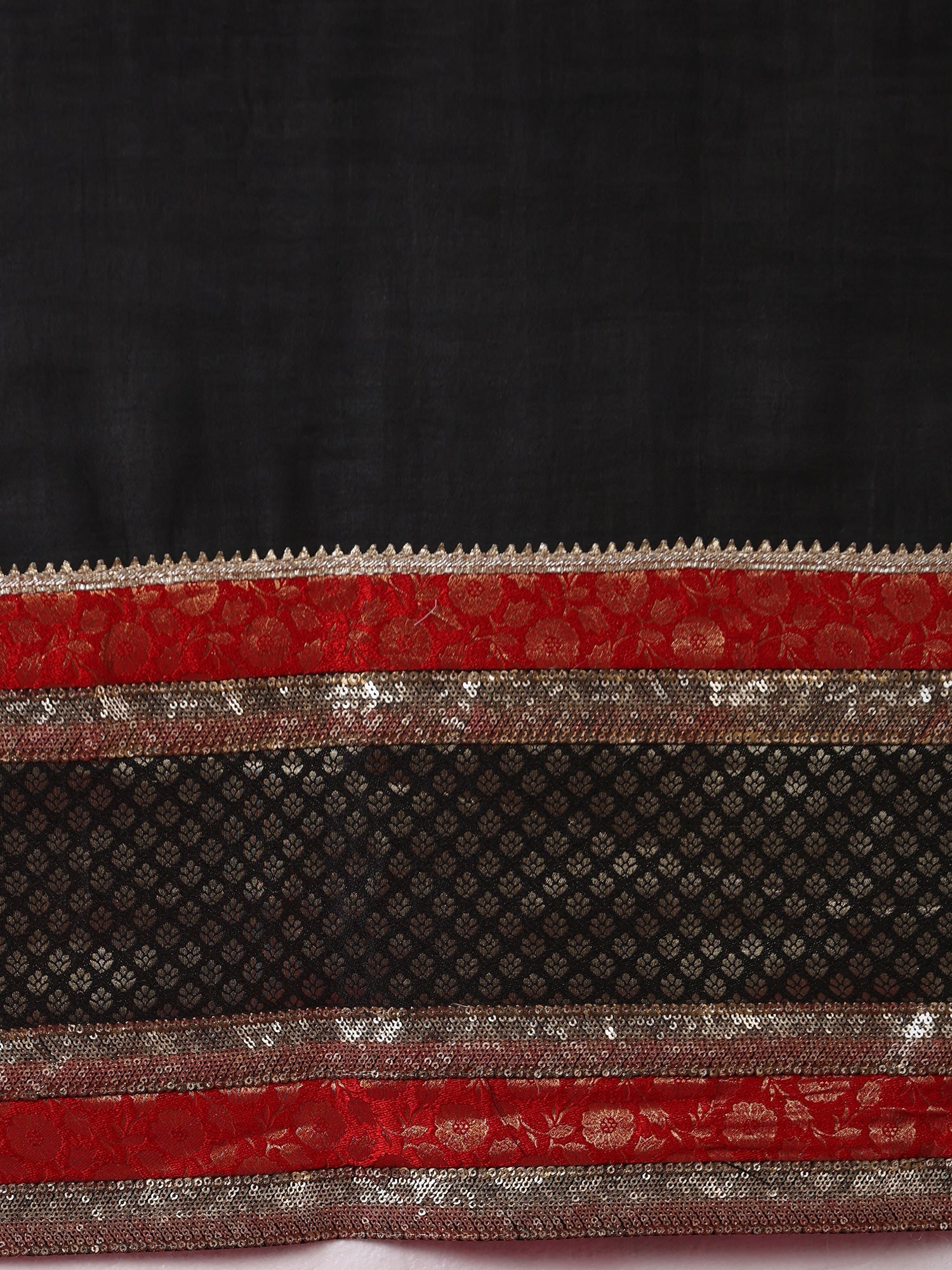 Black Georgette Saree with Red Banarasi Border & Gold Sequin Work - Ressa