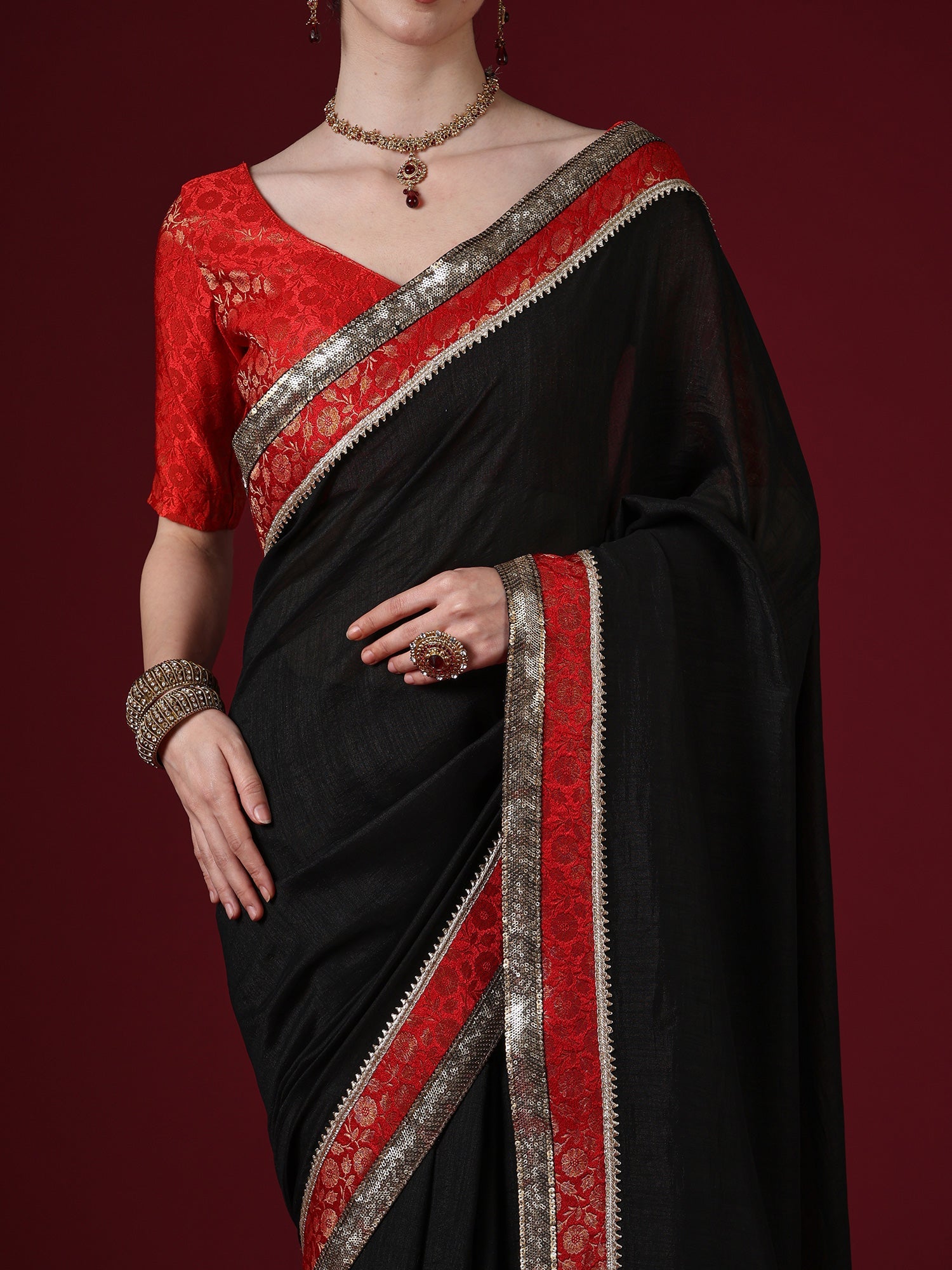 Black Georgette Saree with Red Banarasi Border & Gold Sequin Work - Ressa