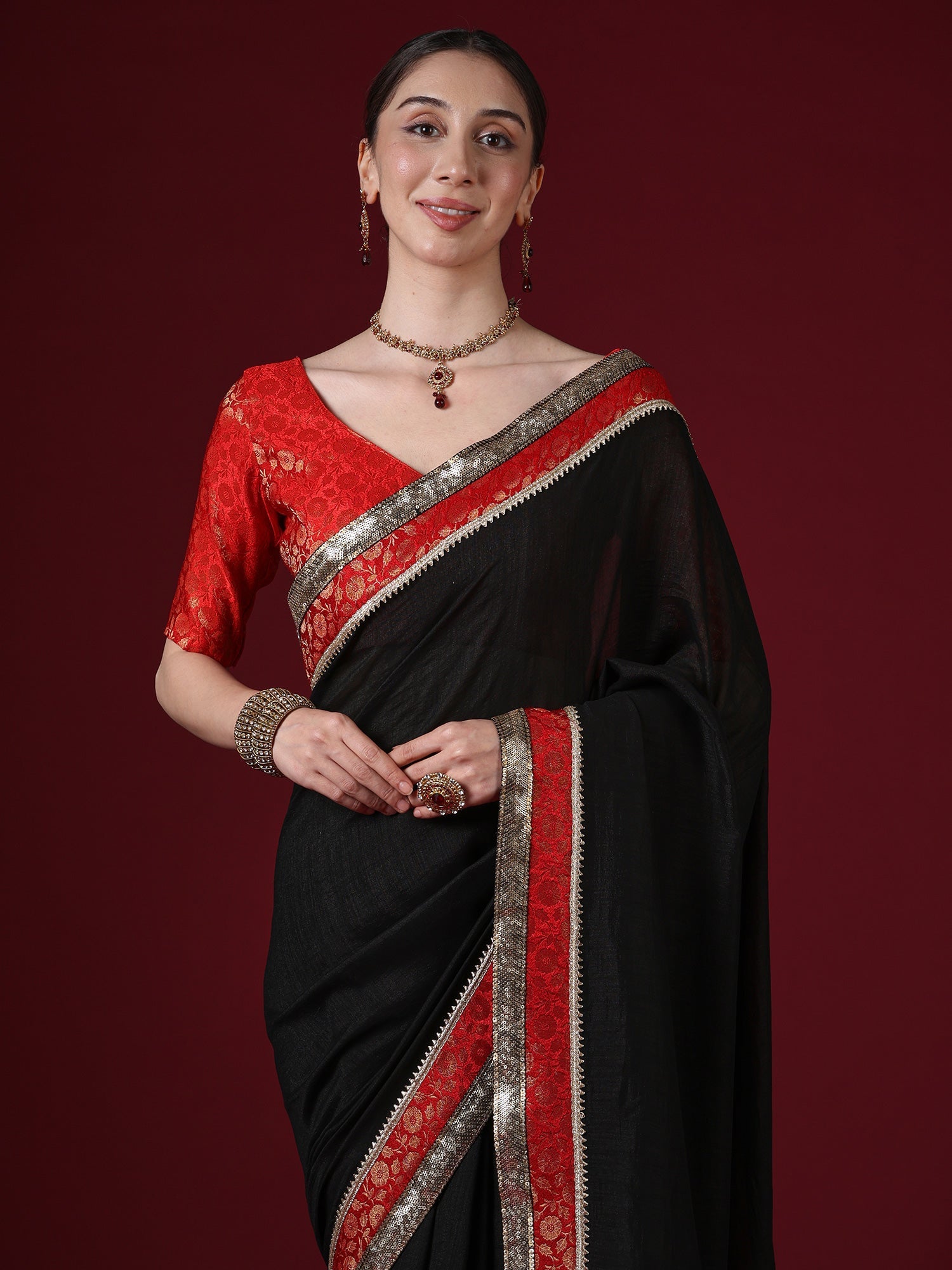 Black Georgette Saree with Red Banarasi Border & Gold Sequin Work - Ressa