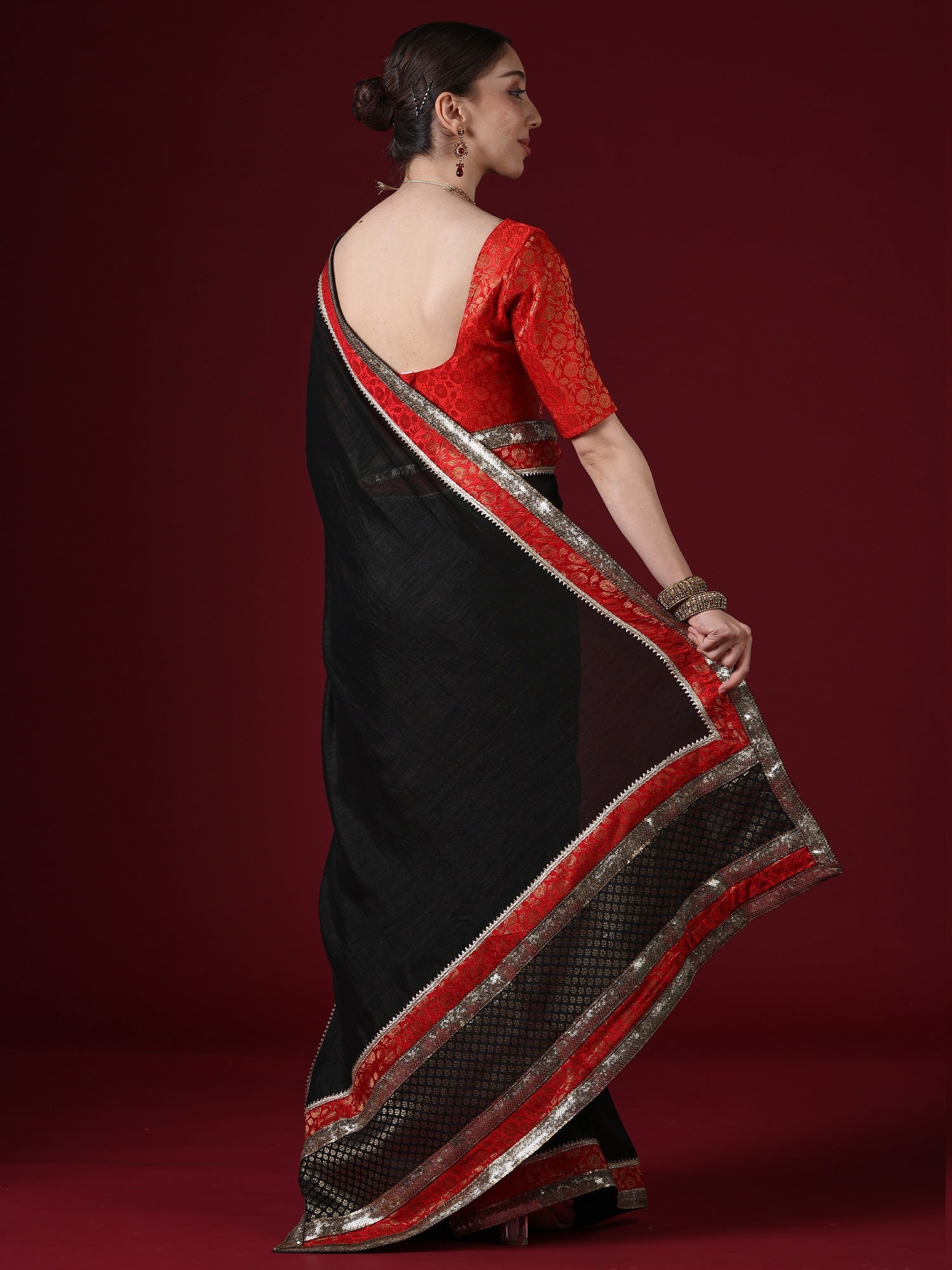 Black Georgette Saree with Red Banarasi Border & Gold Sequin Work - Ressa