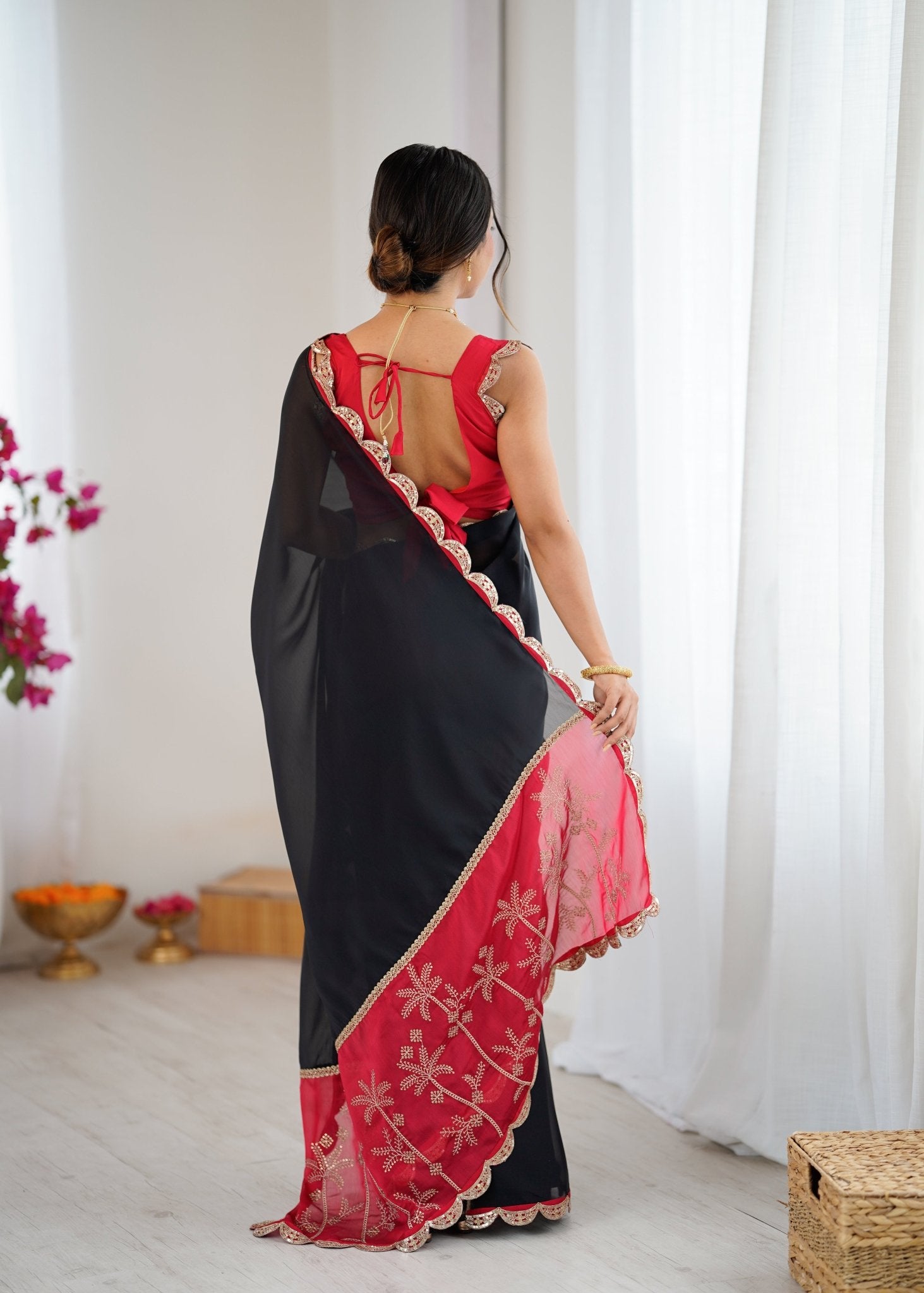 Black Georgette Saree with Red Embroidered Pallu - Ressa
