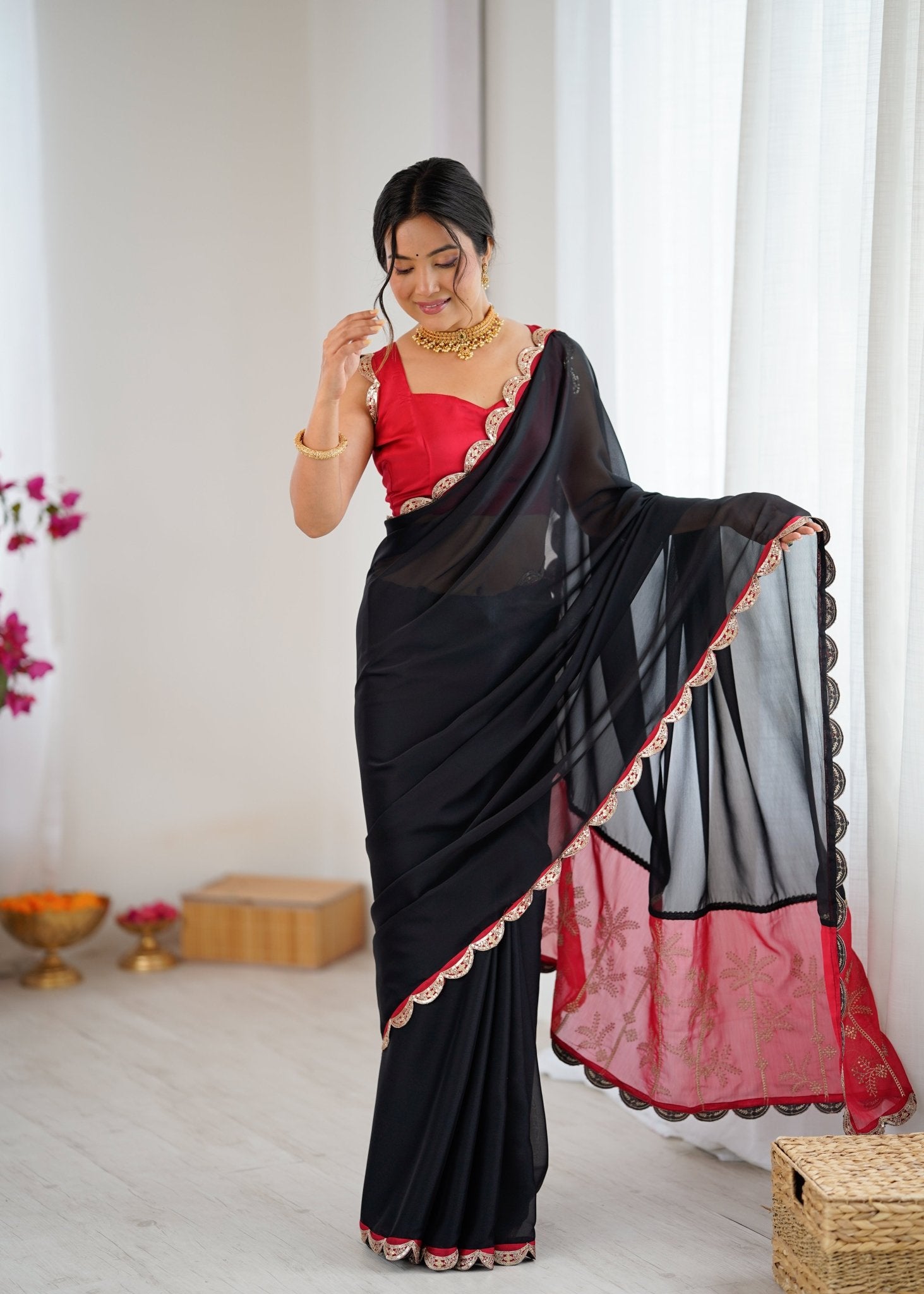 Black Georgette Saree with Red Embroidered Pallu - Ressa