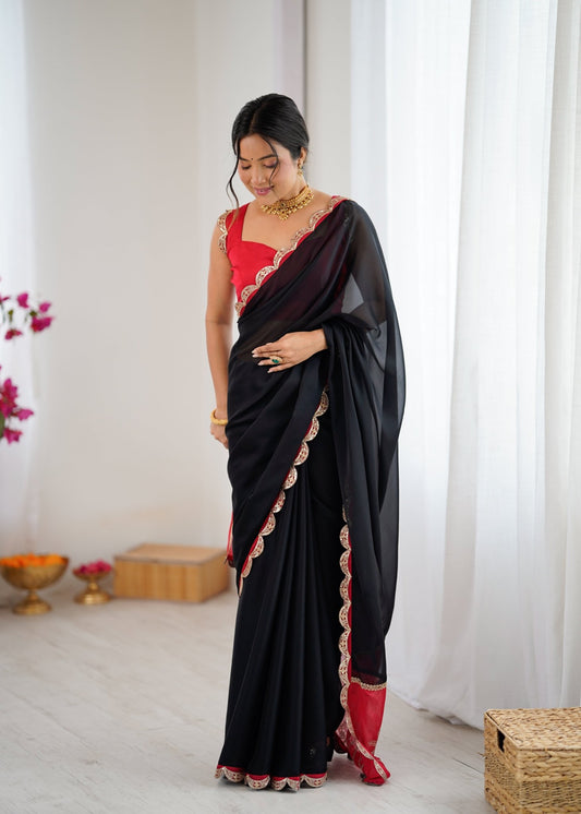 Black Georgette Saree with Red Embroidered Pallu - Ressa