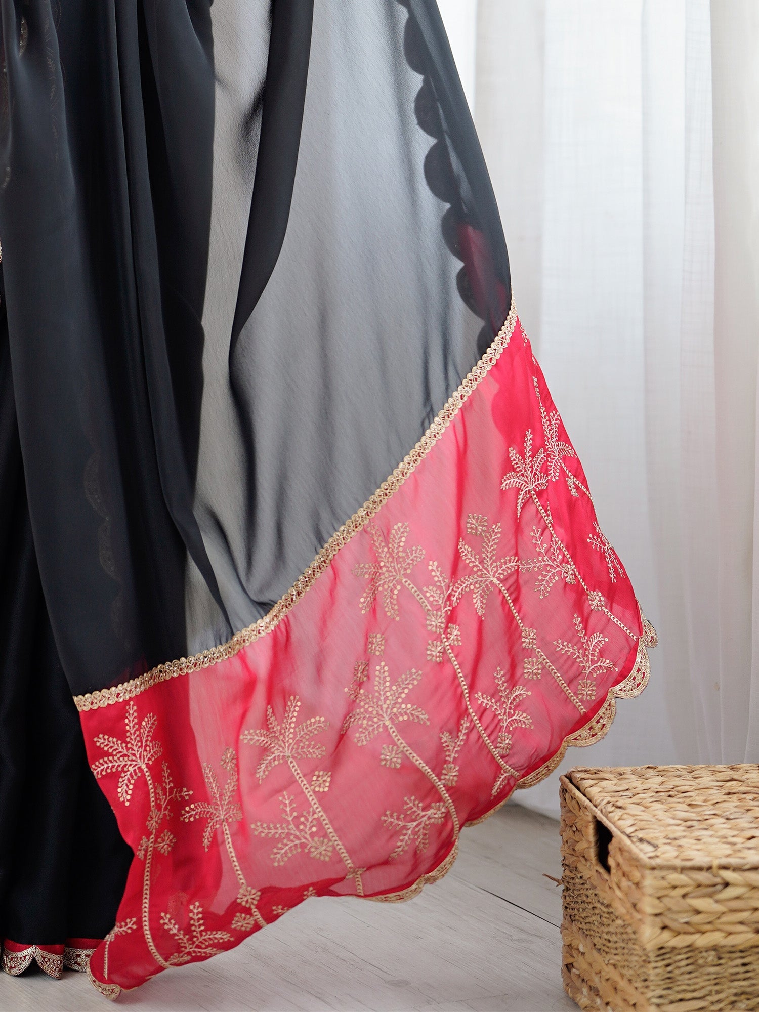 Black Georgette Saree with Red Embroidered Pallu - Ressa