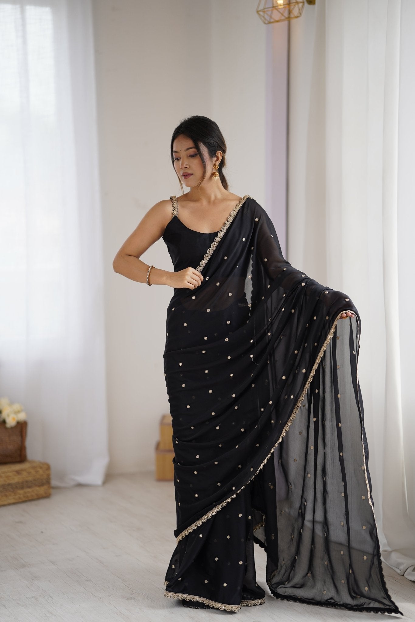 Black Georgette Saree with Sequinn & Jari Work - Ressa