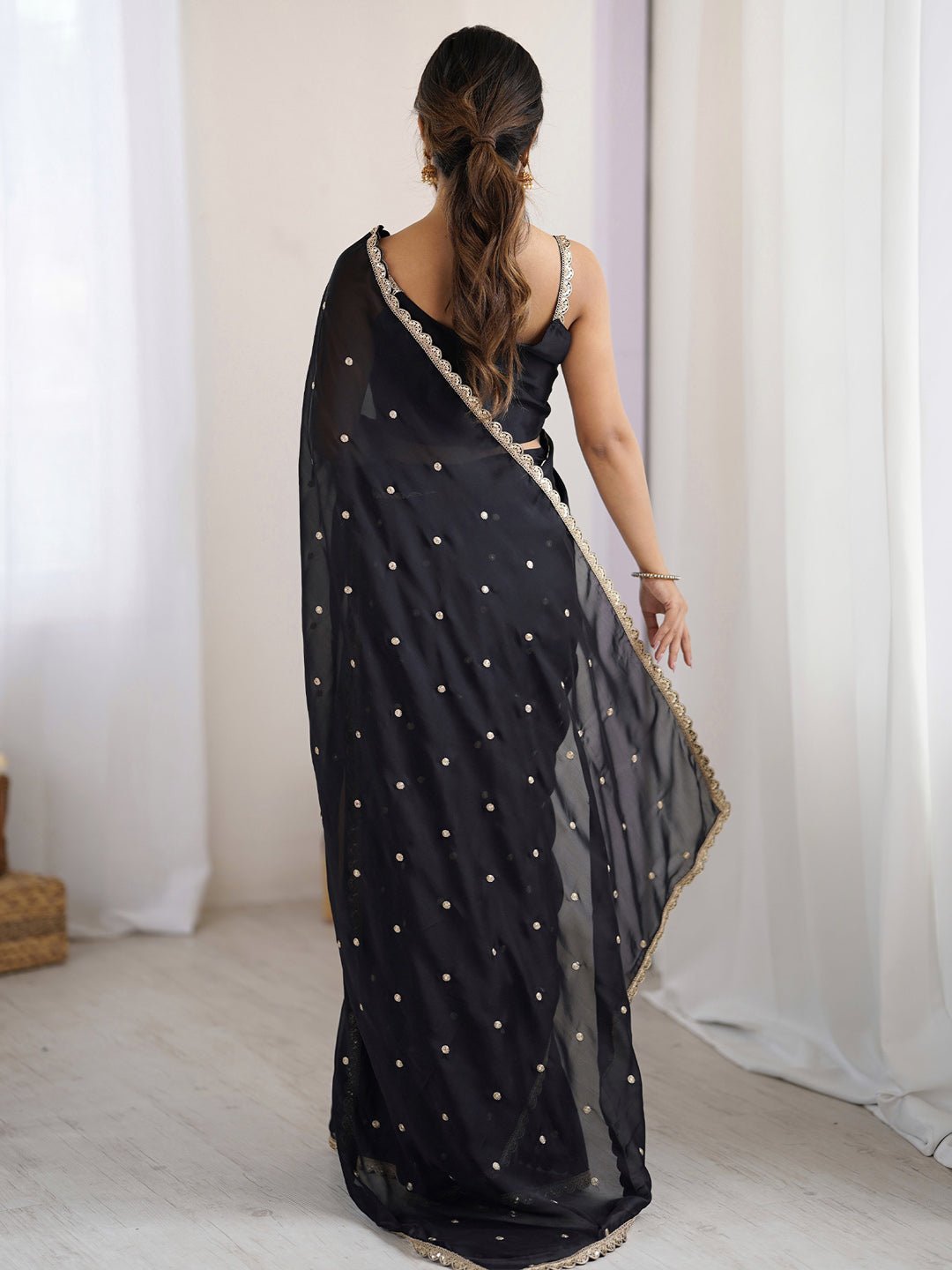 Black Georgette Saree with Sequinn & Jari Work - Ressa