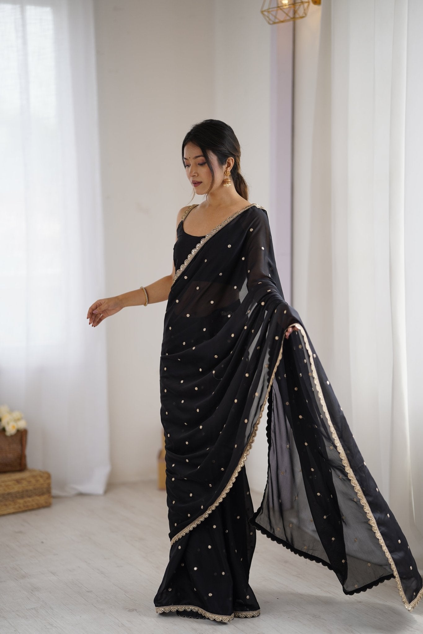 Black Georgette Saree with Sequinn & Jari Work - Ressa