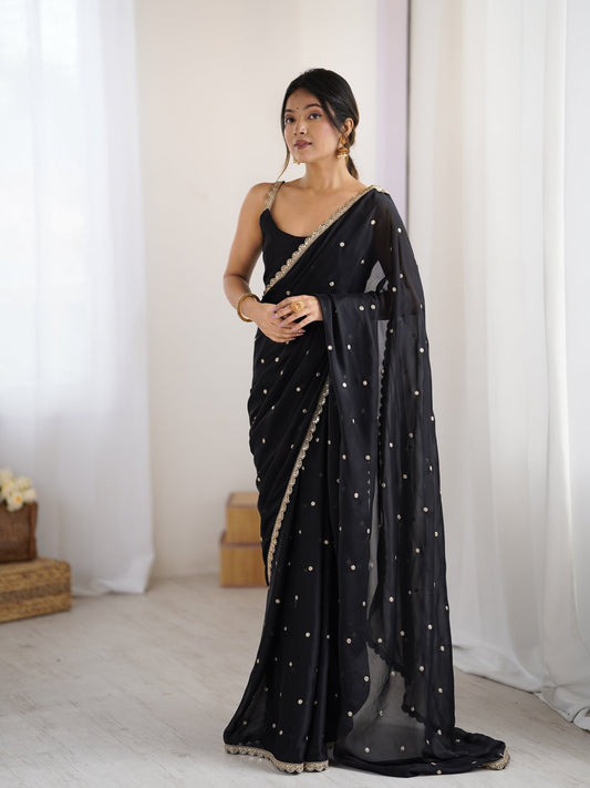 Black Georgette Saree with Sequinn & Jari Work - Ressa