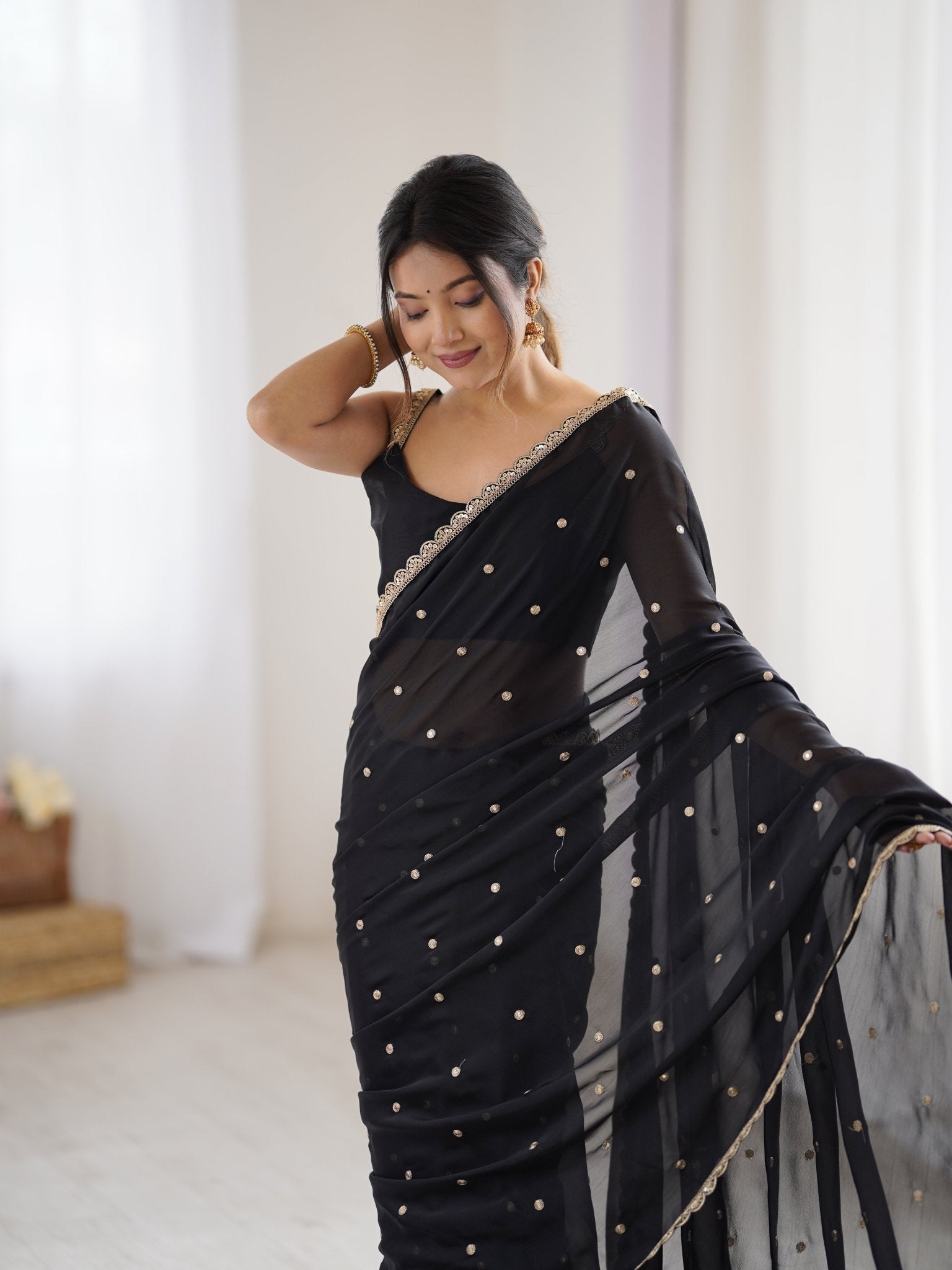Black Georgette Saree with Sequinn & Jari Work - Ressa