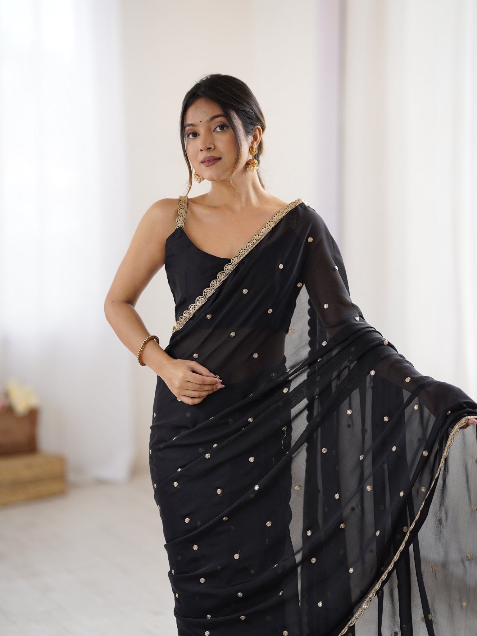 Black Georgette Saree with Sequinn & Jari Work - Ressa