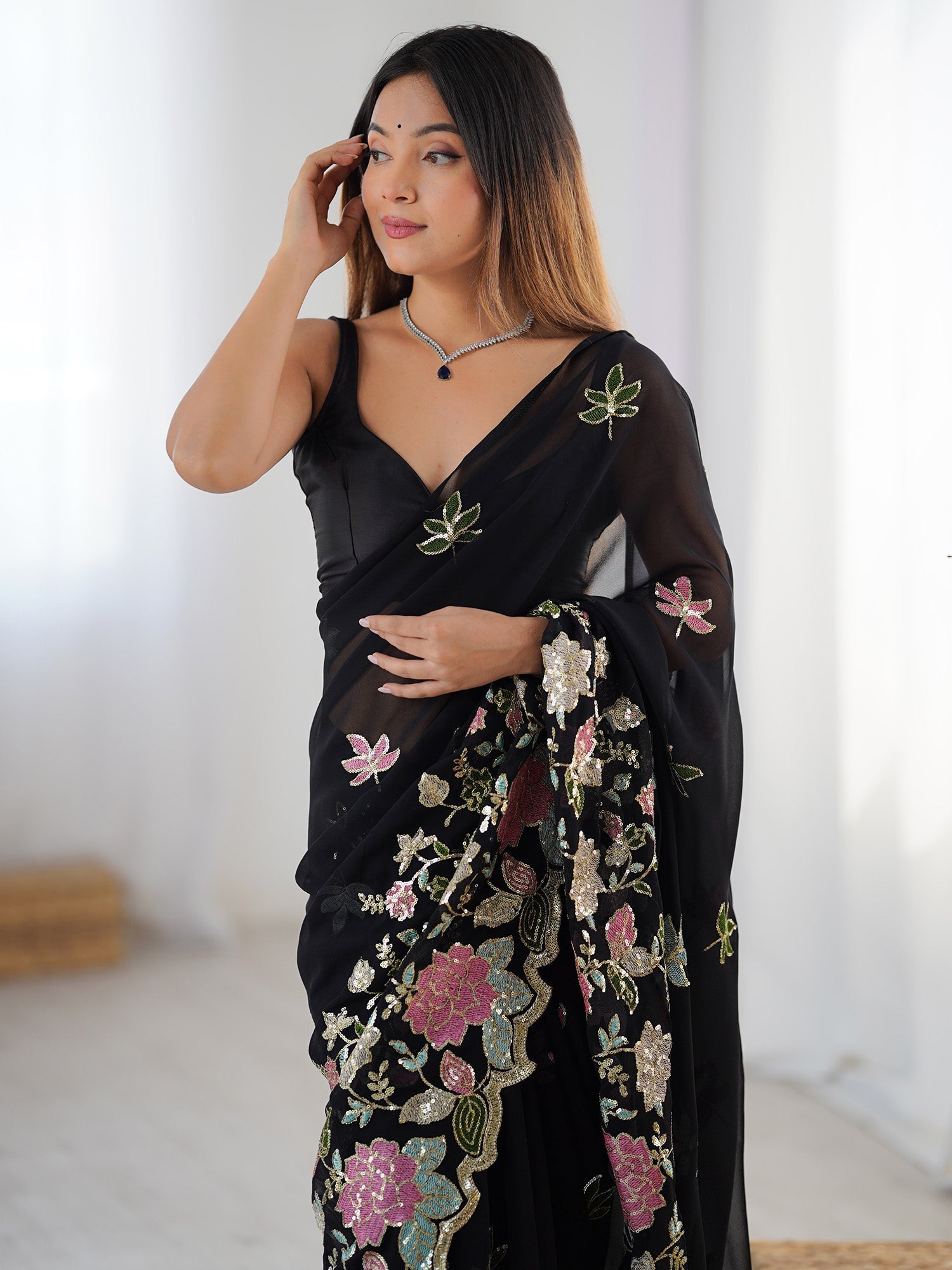 Black Georgette Sequin Embroidered Saree - Ressa