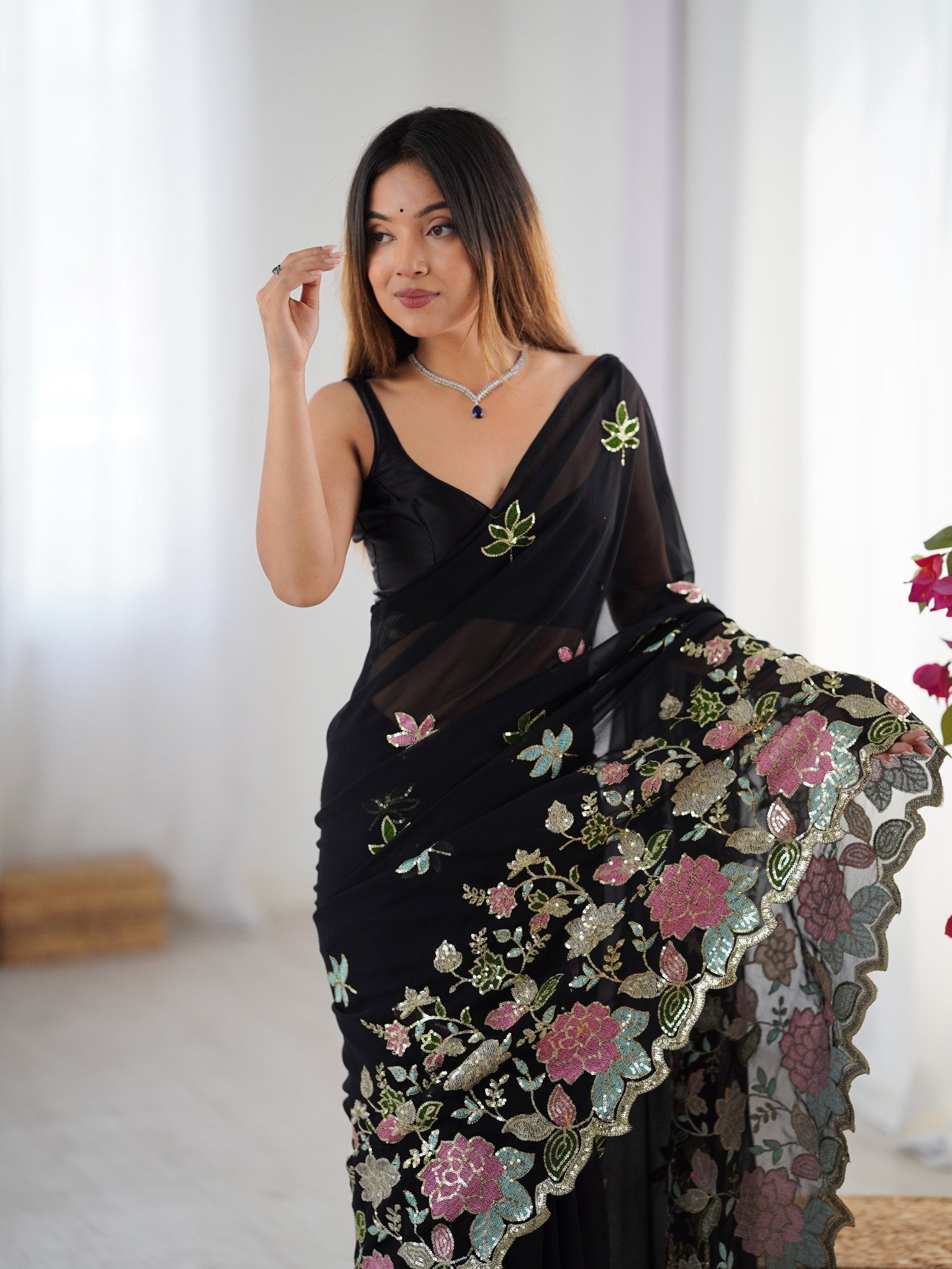 Black Georgette Sequin Embroidered Saree - Ressa