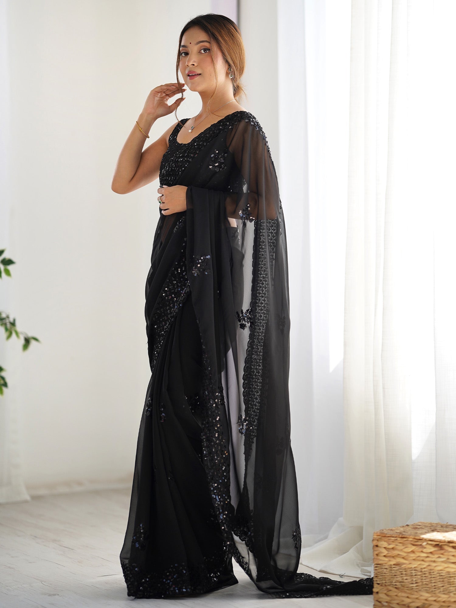 Black Georgette Sequin Saree with Blouse - Ressa
