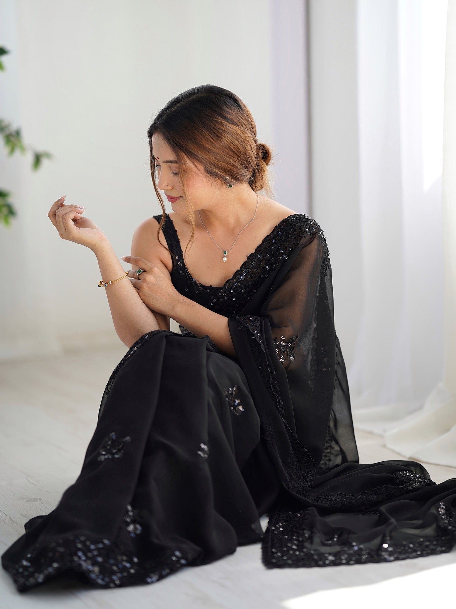 Black Georgette Sequin Saree with Blouse - Ressa