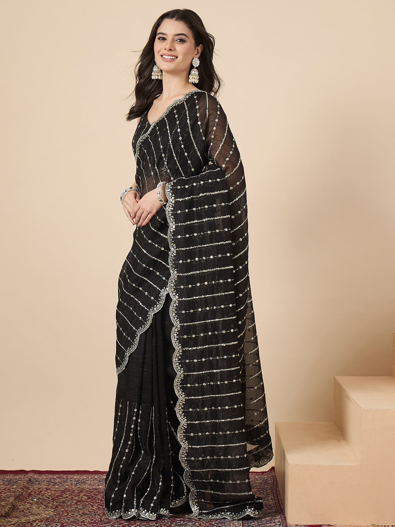 Black Georgette Sequin Stripe Saree with Scallop Border & Embroidered Blouse - Ressa