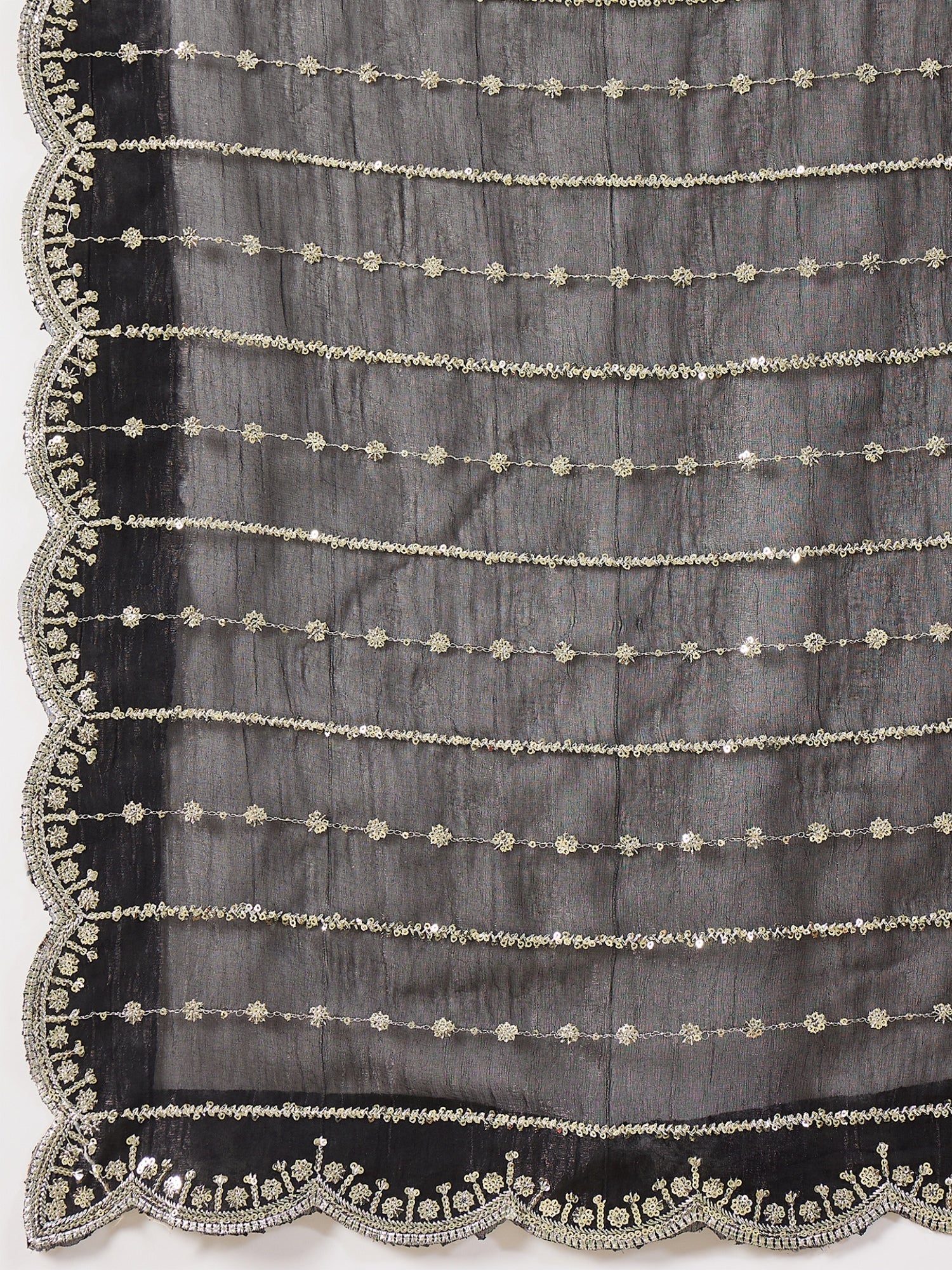 Black Georgette Sequin Stripe Saree with Scallop Border & Embroidered Blouse - Ressa