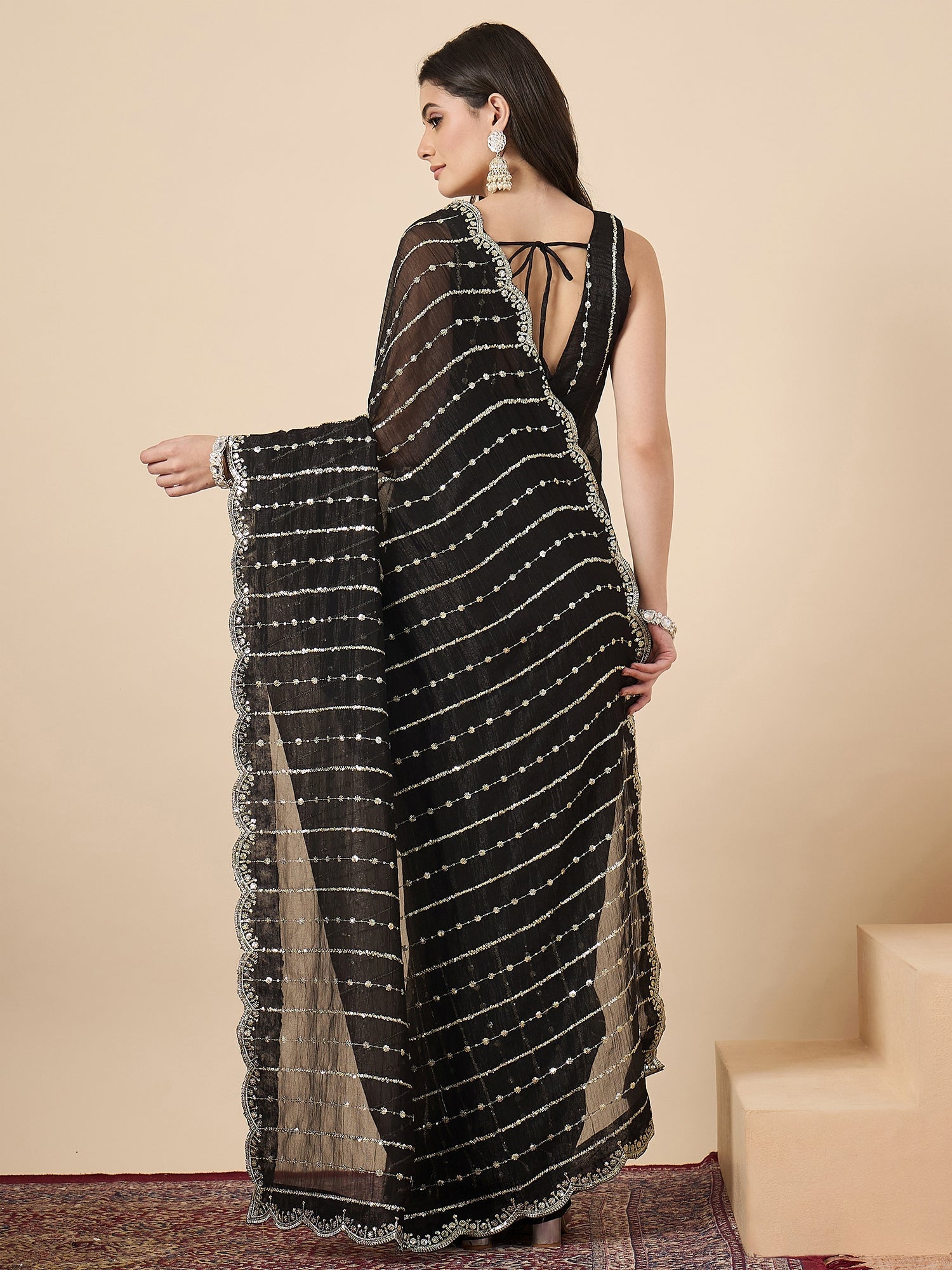 Black Georgette Sequin Stripe Saree with Scallop Border & Embroidered Blouse - Ressa