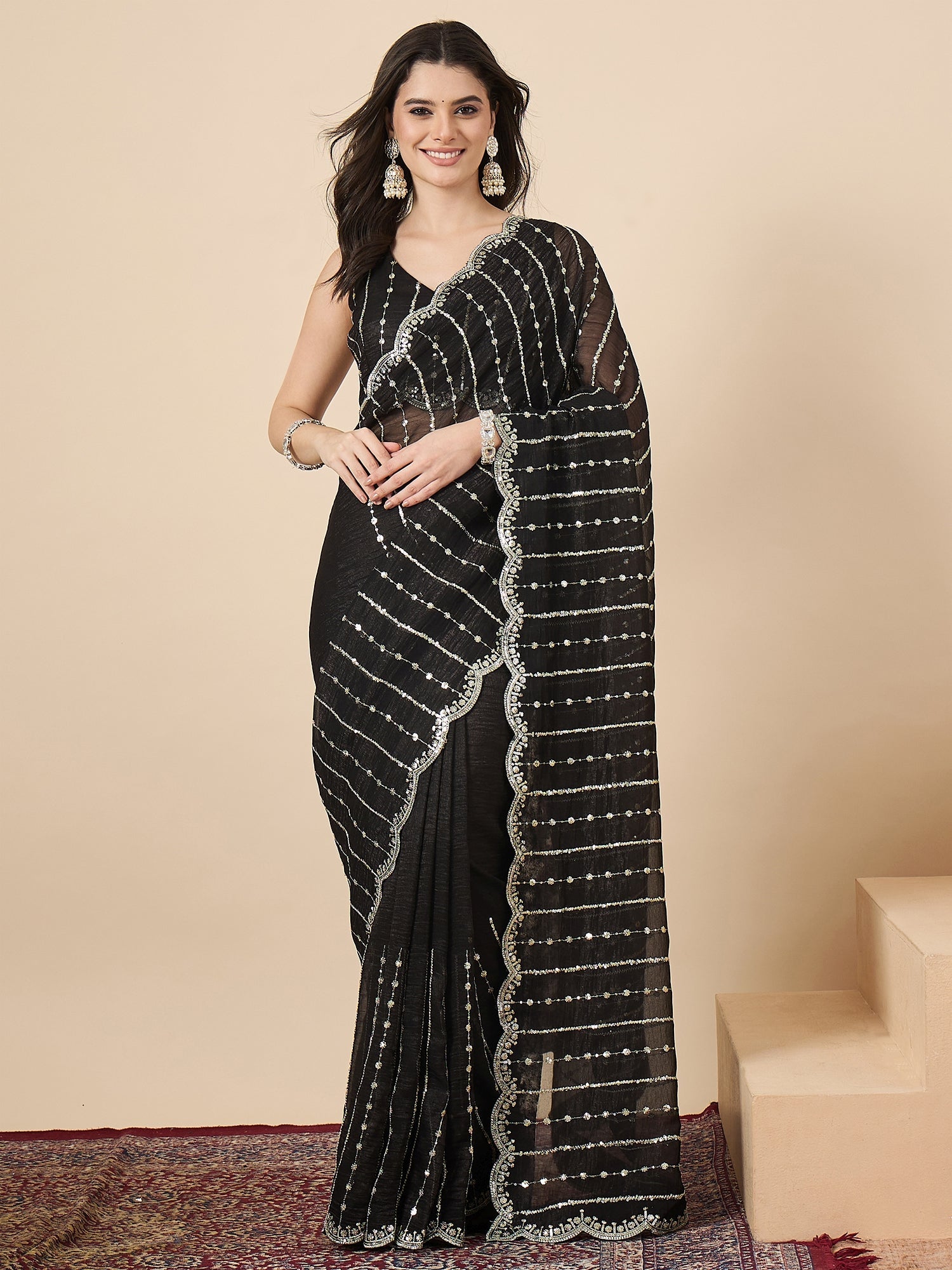 Black Georgette Sequin Stripe Saree with Scallop Border & Embroidered Blouse - Ressa