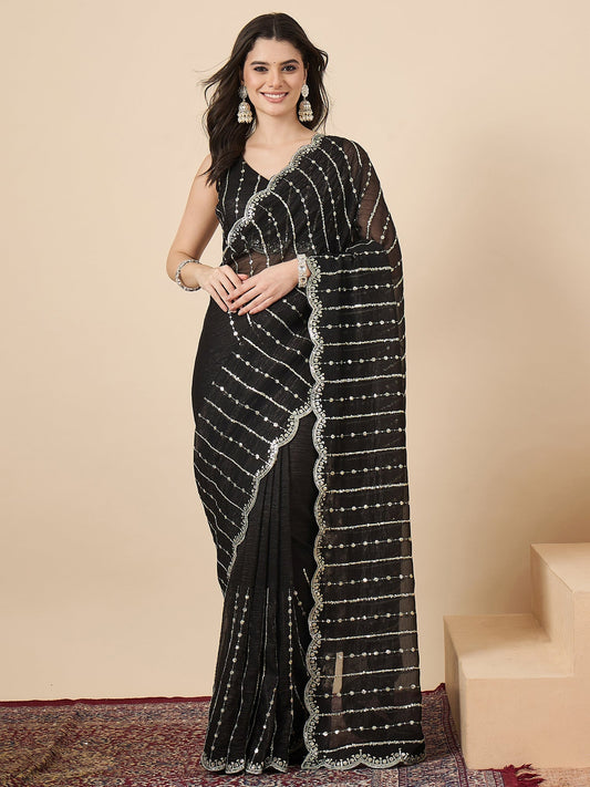 Black Georgette Sequin Stripe Saree with Scallop Border & Embroidered Blouse - Ressa