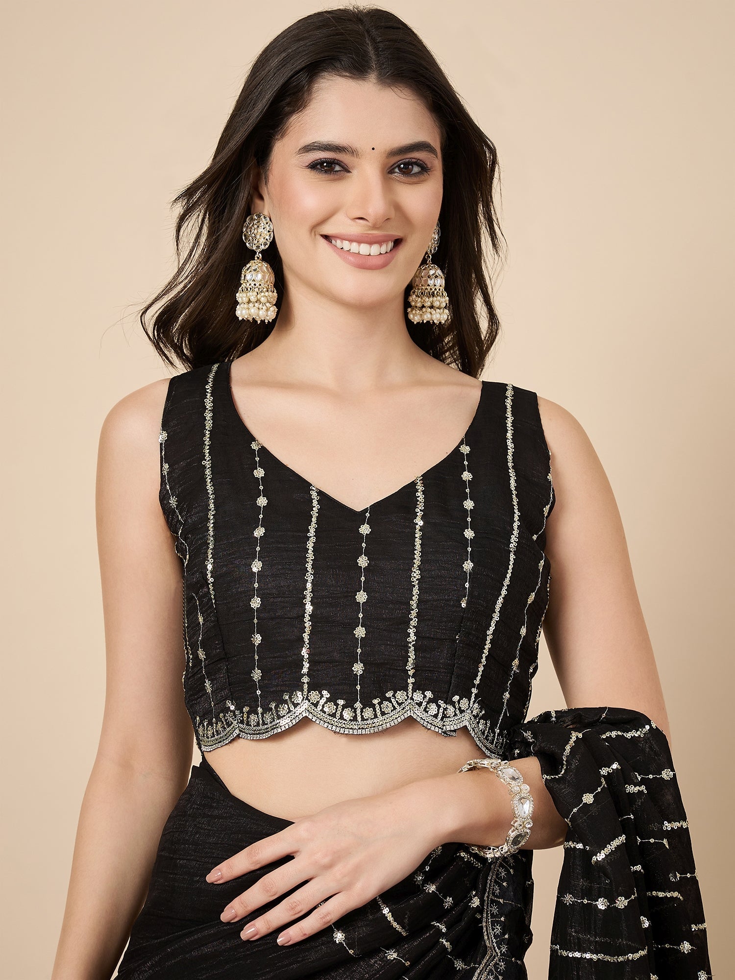 Black Georgette Sequin Stripe Saree with Scallop Border & Embroidered Blouse - Ressa