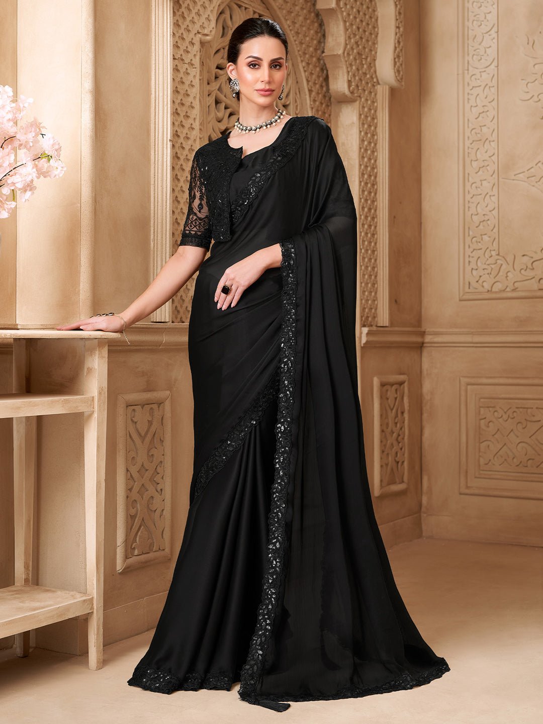 Black Georgette Sequined Border Saree - Ressa