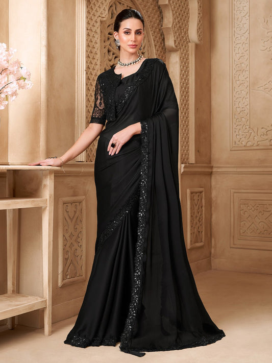 Black Georgette Sequined Border Saree - Ressa