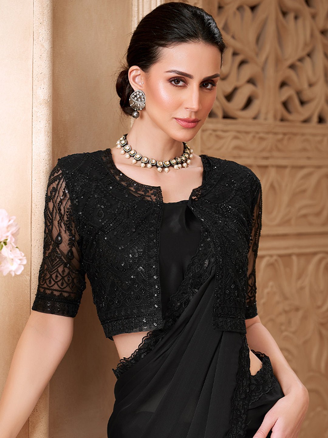 Black Georgette Sequined Border Saree - Ressa