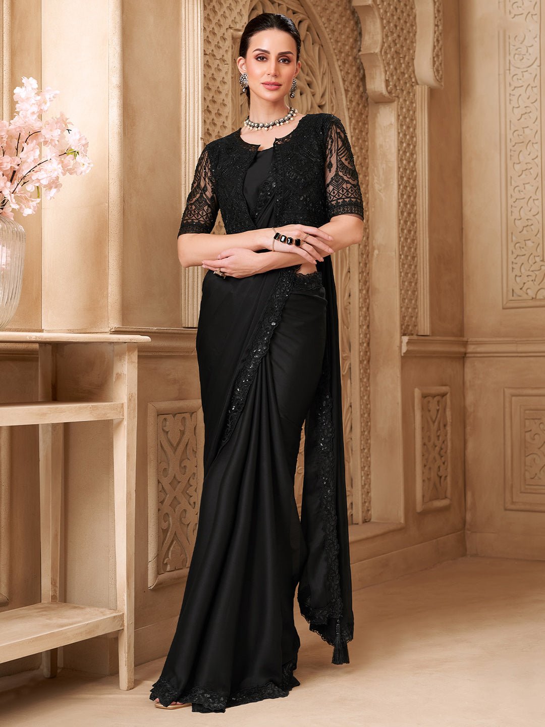 Black Georgette Sequined Border Saree - Ressa