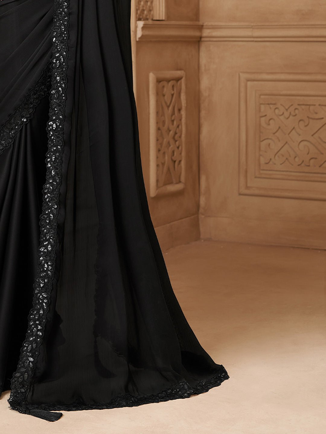 Black Georgette Sequined Border Saree - Ressa