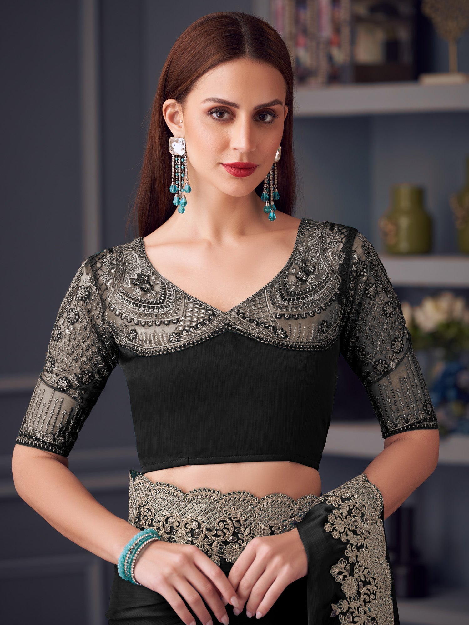 Black Georgette Silver Embroidered Border - Ressa