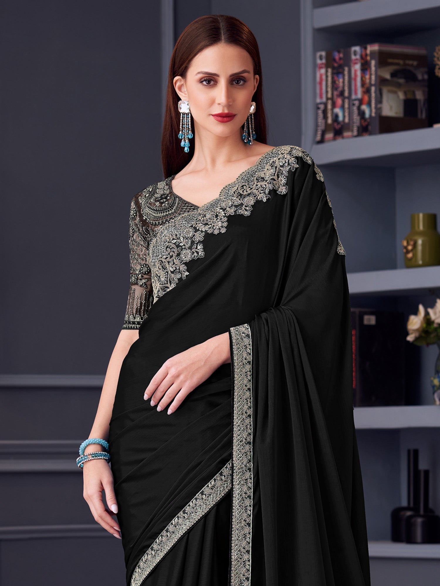 Black Georgette Silver Embroidered Border - Ressa