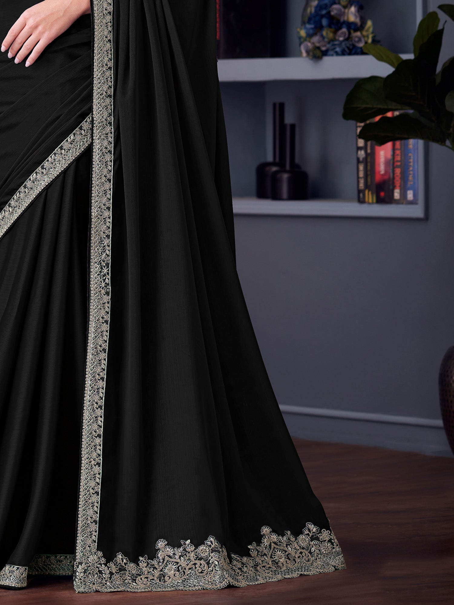 Black Georgette Silver Embroidered Border - Ressa