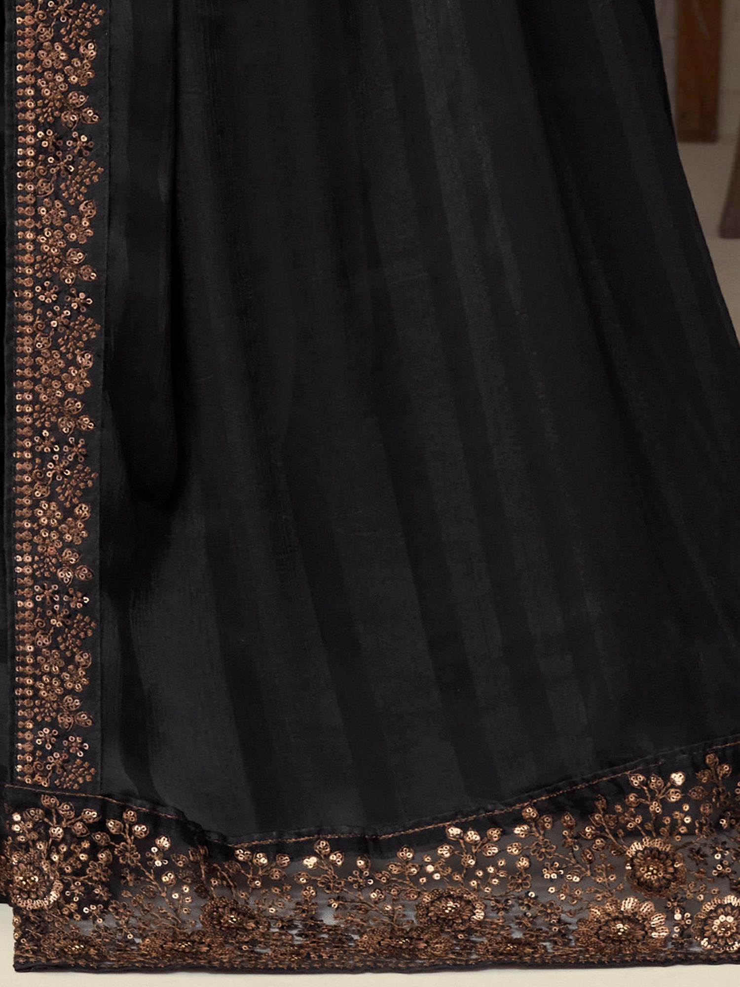 Black Georgette Striped Texture Embroidered Border Designer Blouse Saree - Ressa