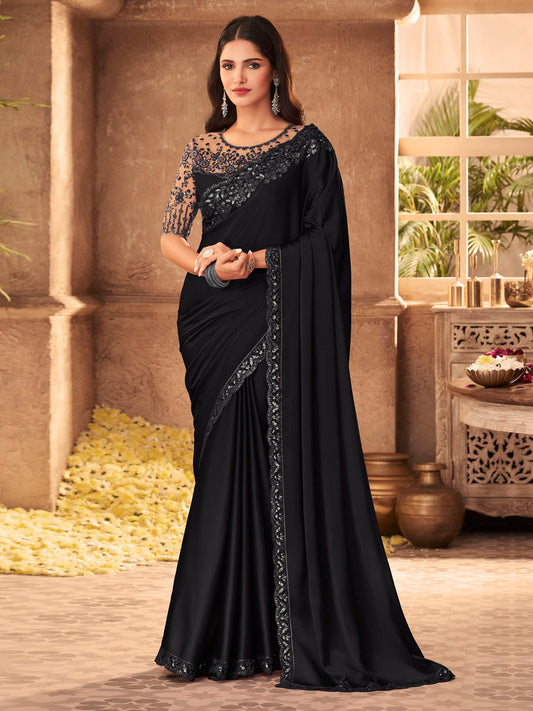 Black : Georgette Tone-on-Tone Embroidery Saree - Ressa